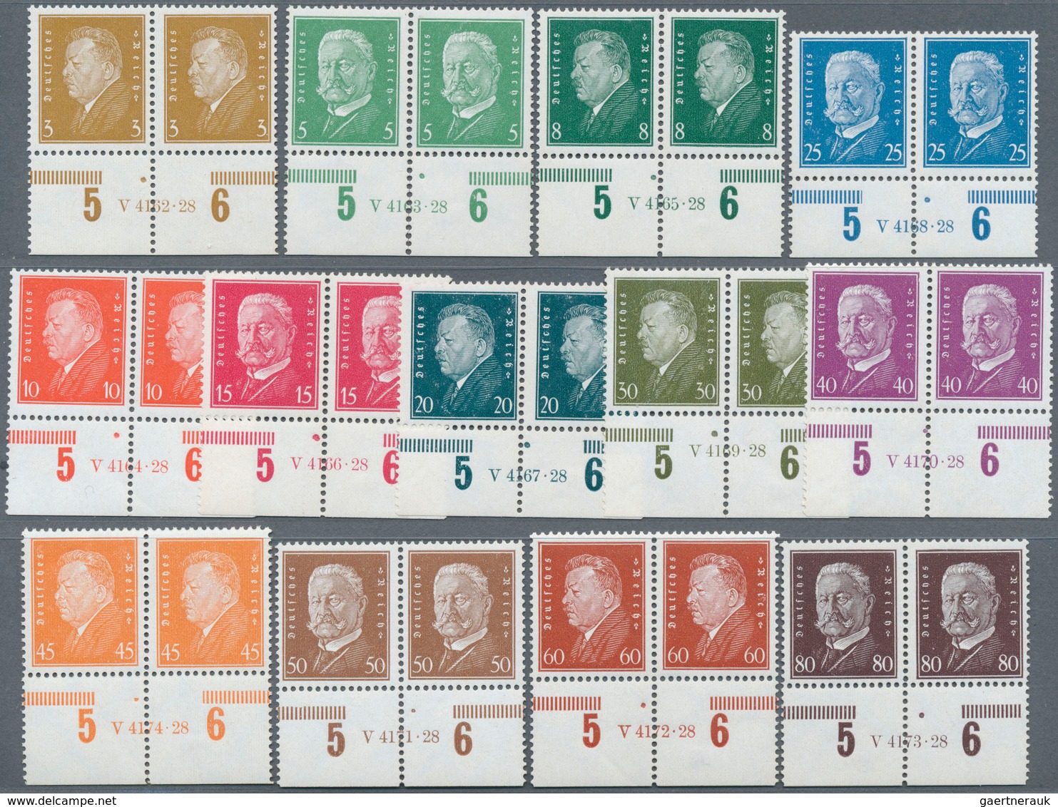 18067 Deutsches Reich - Weimar: 1928, Reichspräsidenten, Kompletter Satz In Waagerechten Paaren Vom Bogenu - Unused Stamps