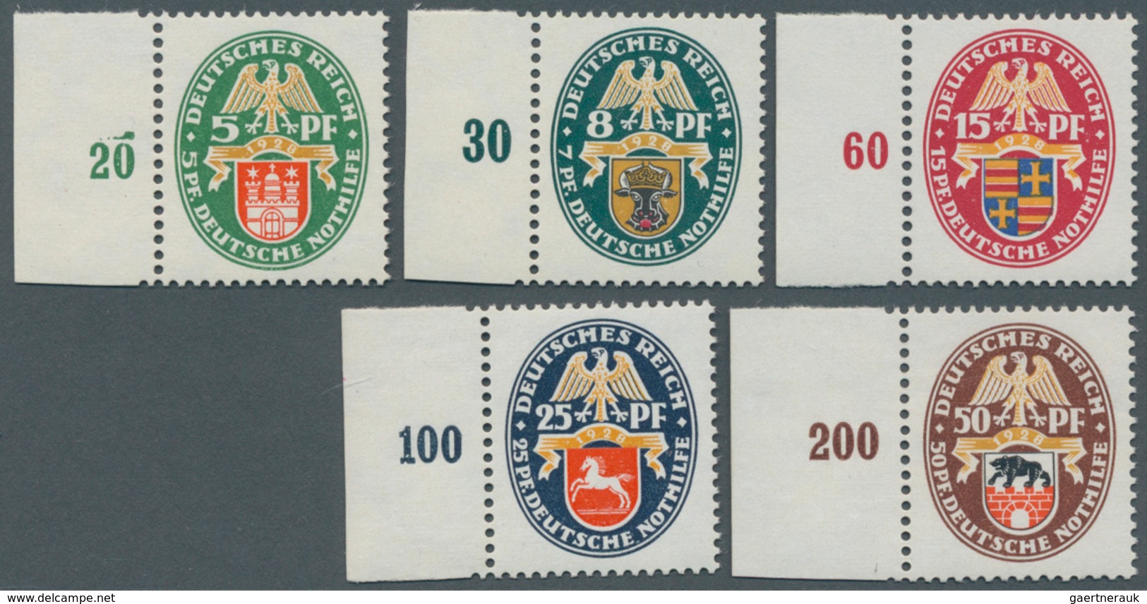 18072 Deutsches Reich - Weimar: 1928, Deutsche Nothilfe: Landeswappen (III), Komplette Serie Von 5 Werten, - Unused Stamps
