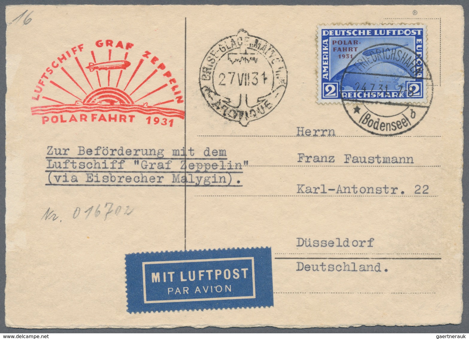 18092 Deutsches Reich - Weimar: 1931, 2 RM Polarfahrt Als Einzelfrankatur Auf Zeppelinkarte (min. Patina) - Unused Stamps