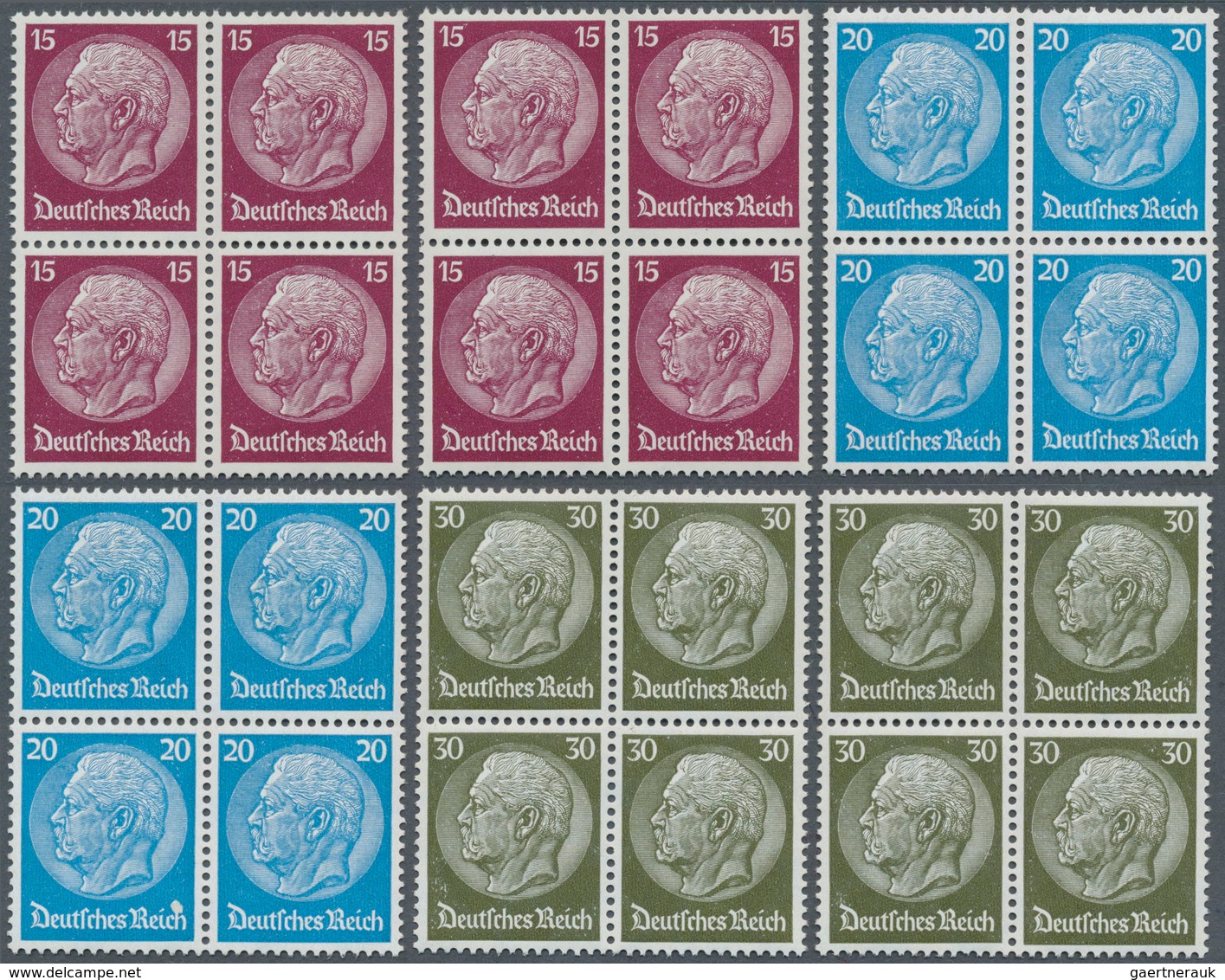 18100 Deutsches Reich - 3. Reich: 1933, Hindenburg II, 3 Pfg. - 30 Pfg. In 2 Postfrischen Viererblocks, Mi - Unused Stamps