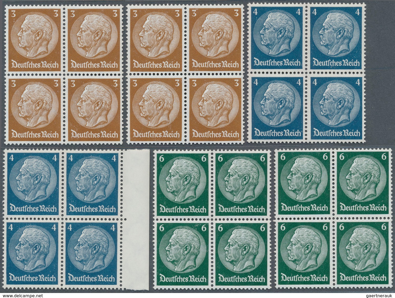 18100 Deutsches Reich - 3. Reich: 1933, Hindenburg II, 3 Pfg. - 30 Pfg. In 2 Postfrischen Viererblocks, Mi - Unused Stamps