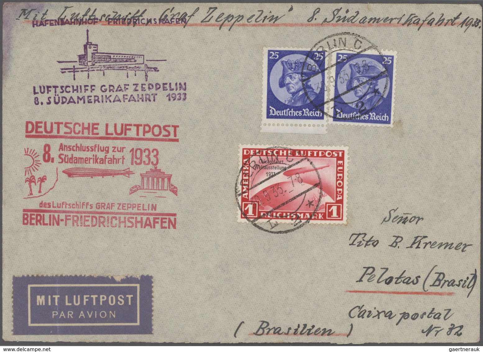 18107 Deutsches Reich - 3. Reich: 1933: 1 RM "Chicagofahrt" Mit Zusatzfrankatur Auf Brief Nach Brasilen Mi - Unused Stamps