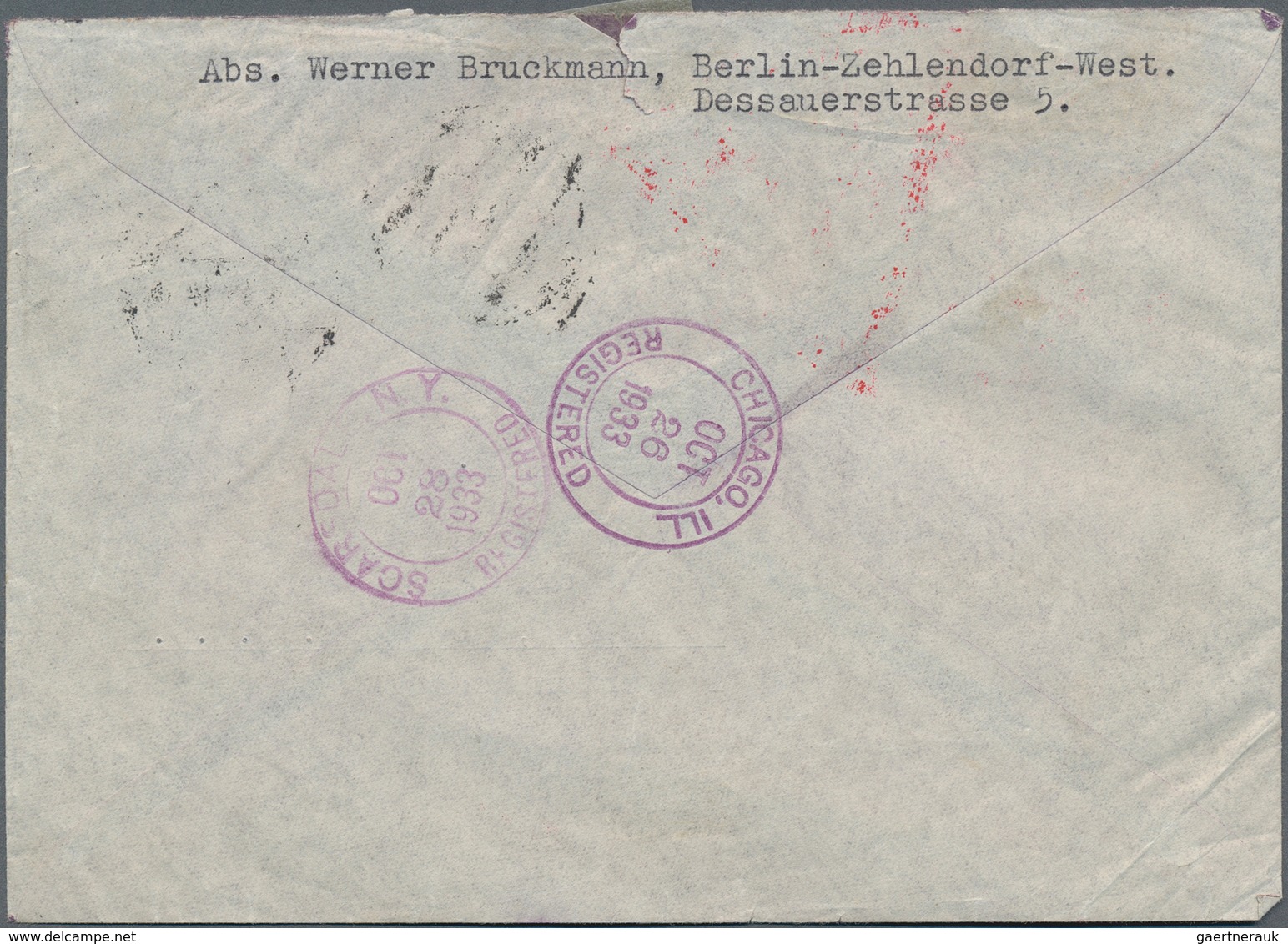 18109 Deutsches Reich - 3. Reich: 1933, 1 RM Und 2 RM Chicagofahrt Mit Beifrankatur 5 Pfg. Hindenburg Auf - Unused Stamps