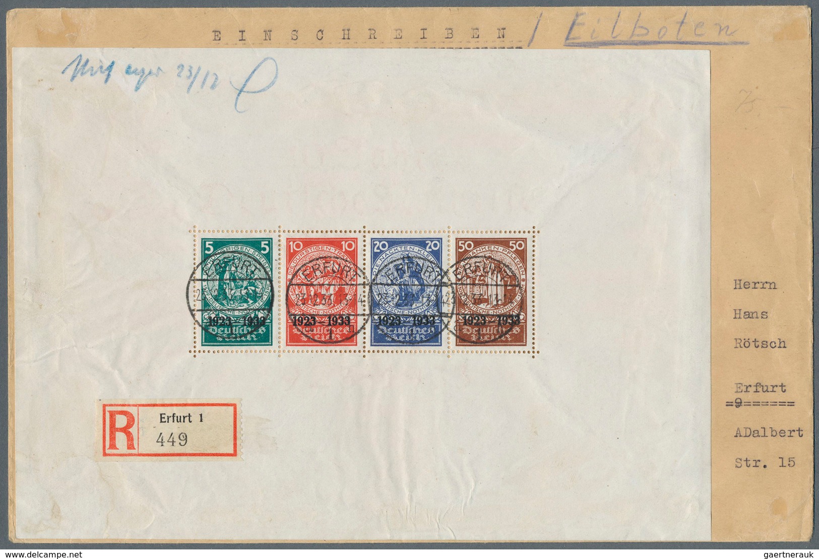 18123 Deutsches Reich - 3. Reich: 1933: Nothilfe-Block Auf Einschreib-Eilboten-Ortsbrief, Abgestempelt In - Unused Stamps