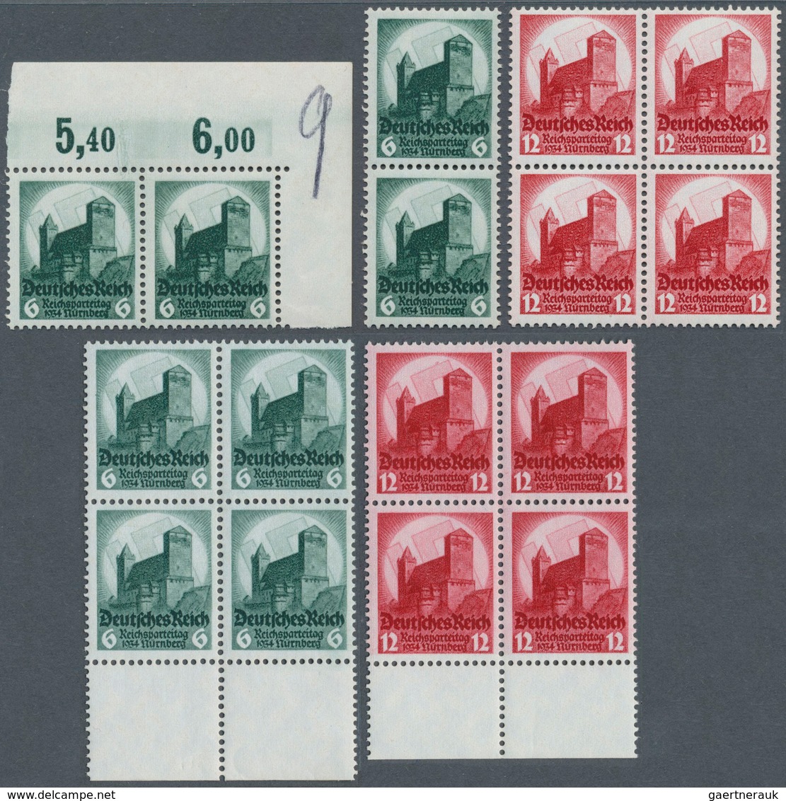 18144 Deutsches Reich - 3. Reich: 1934, Reichsparteitag, 8 Sätze, Dabei Unterrand - Viererblocksatz, Mi. 6 - Unused Stamps