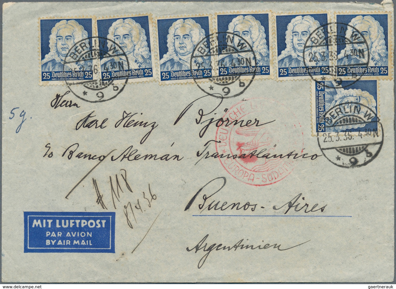 18150 Deutsches Reich - 3. Reich: 1935, 7 X 25 Pf Händel, MeF Auf Luftpostbrief (5g) Von BERLIN W9, 25.3.3 - Unused Stamps