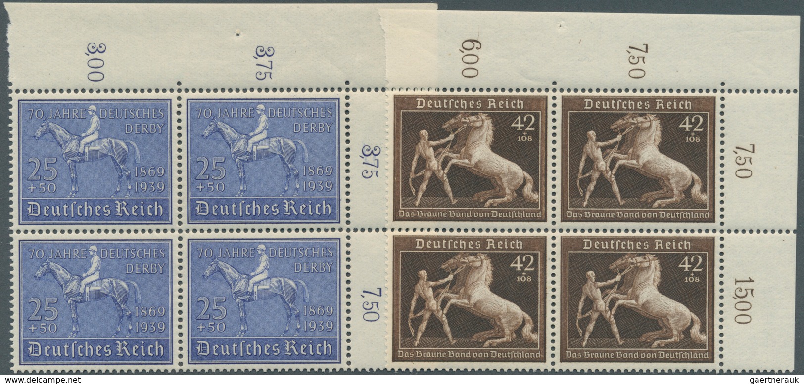 18191 Deutsches Reich - 3. Reich: 1939, Derby Und Braunes Band Je Als Eckrand 4-er Block Oben Rechts - Unused Stamps