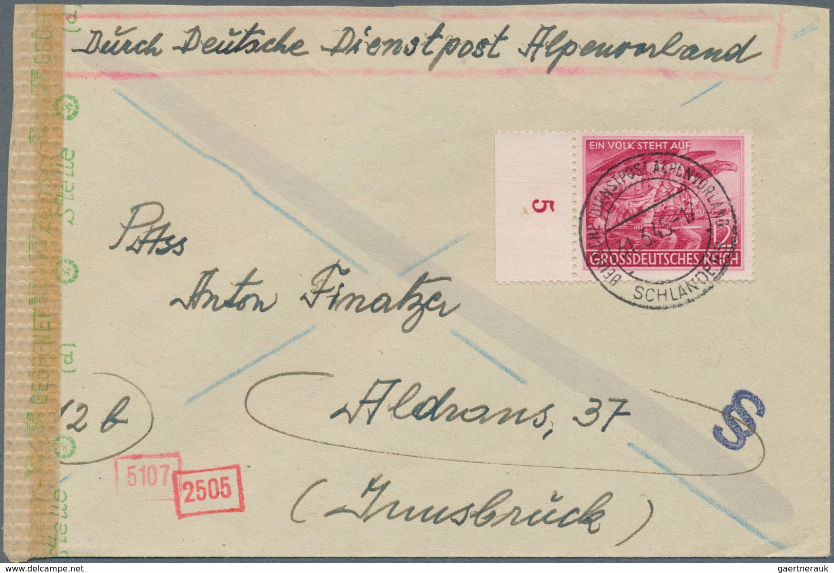 18218 Deutsches Reich - 3. Reich: 1945 /31.3.), 12 Pfg. "Vokssturm" (mit Unterrand) Als Einzelfrankatur Au - Unused Stamps