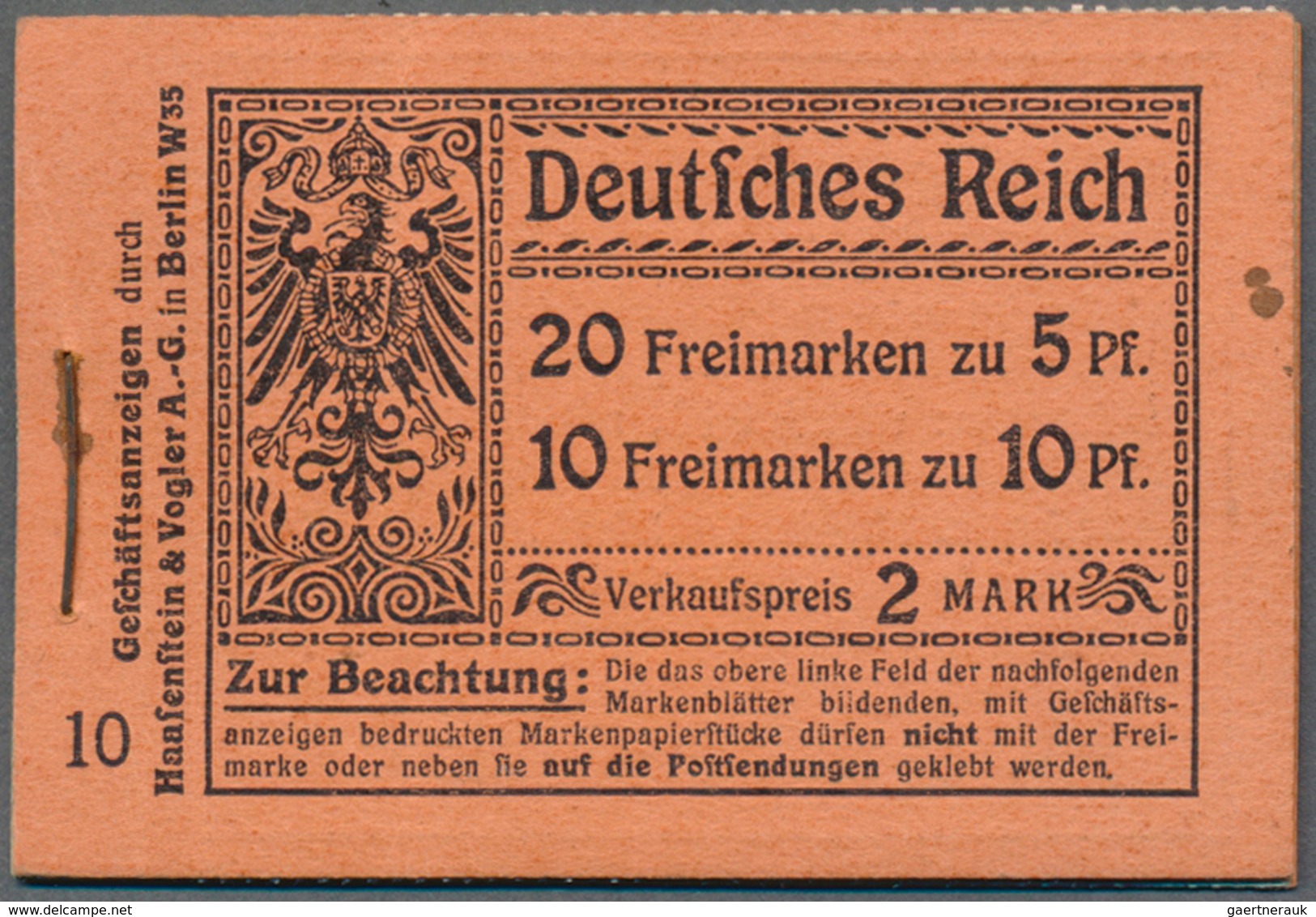 18222 Deutsches Reich - Markenheftchen: 1911, Germania Markenheftchen In ROSA (Ordnungs-Nr. 10) Mit Origin - Markenheftchen