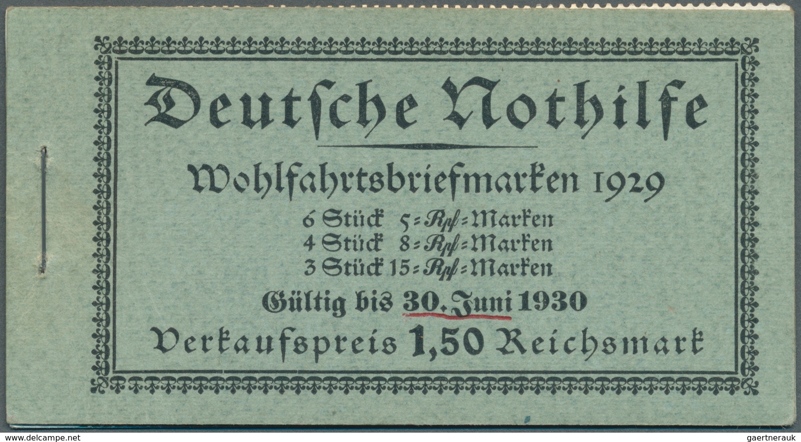 18229 Deutsches Reich - Markenheftchen: 1929, Markenheftchen Nothilfe, "Gültig Bis 30. Juni 1930" (hierbei - Markenheftchen