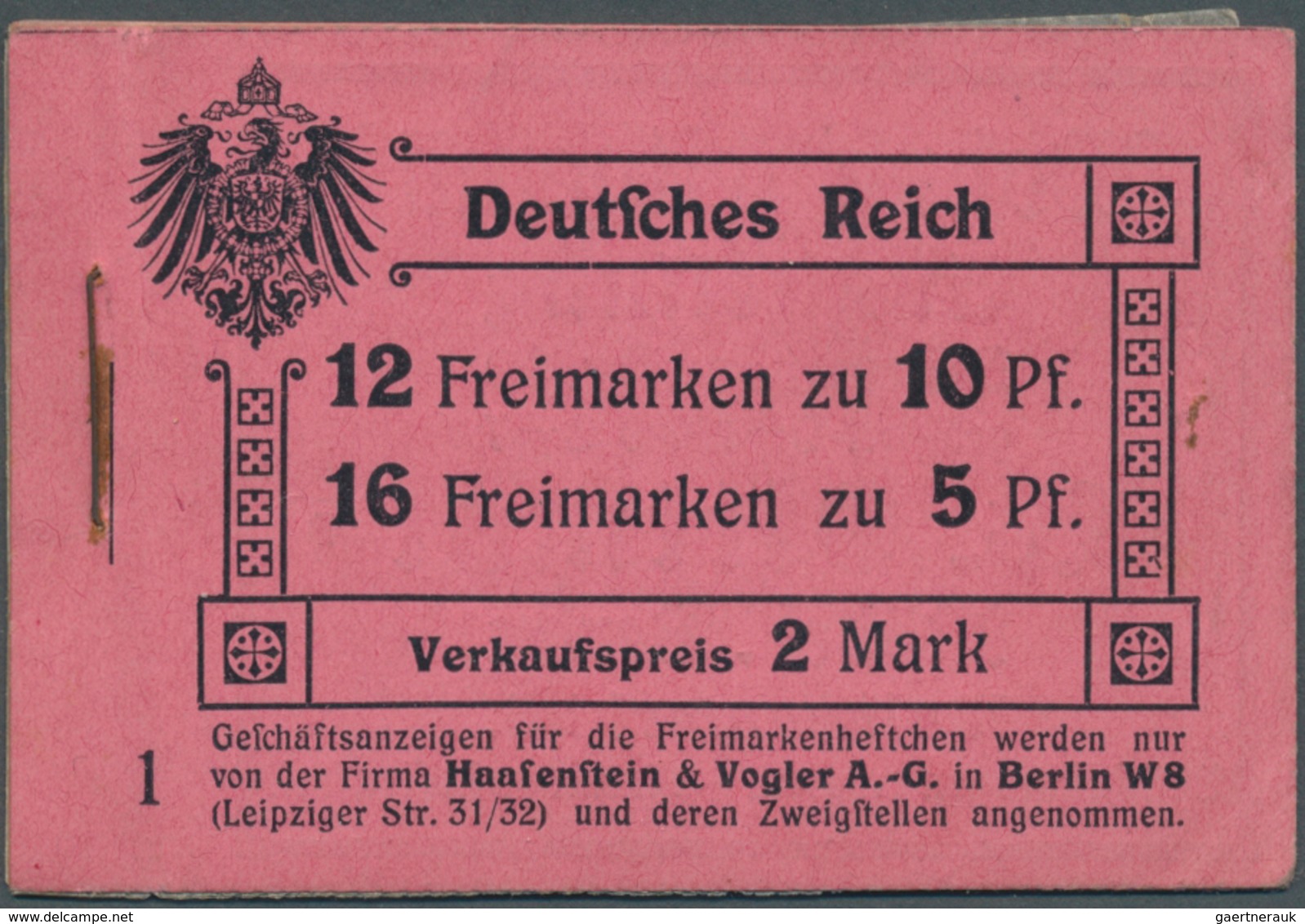 18233 Deutsches Reich - Markenheftchenblätter: 1910, Markenheftchen 2 Mark Auf Rosafarbenem Karton (1.1 A) - Carnets