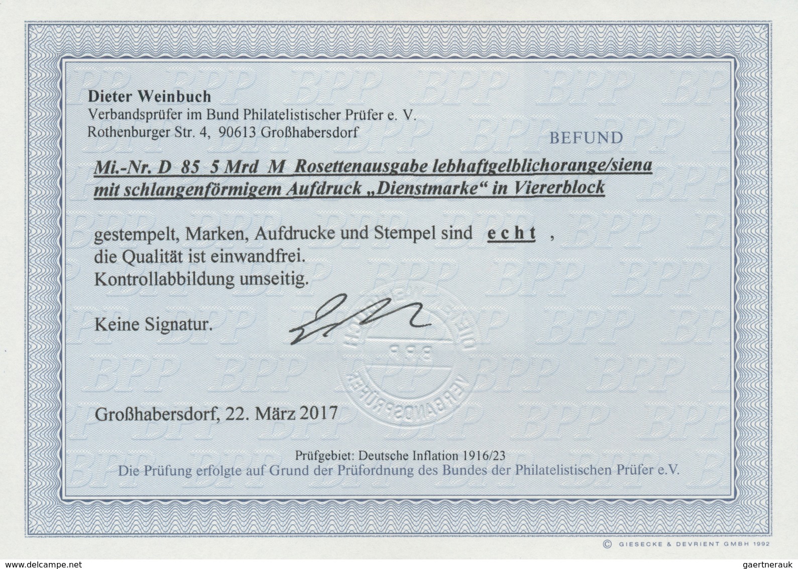 18267 Deutsches Reich - Dienstmarken: 1923, 5 Mrd. Rosettenausgabe Mit Schlangenförmigem Aufdruck Im Geste - Officials