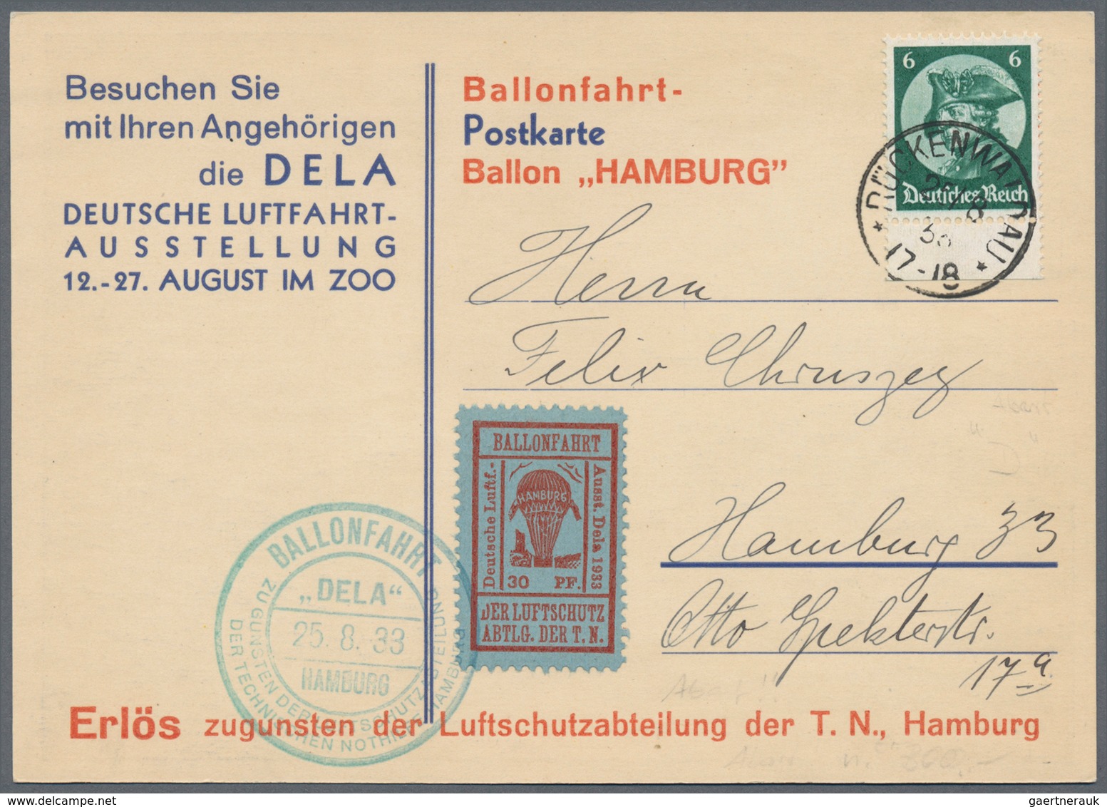18285 Deutsches Reich - Halbamtliche Flugmarken: 1933: Dela-Ballonmarke 30 Pfg. Rot Auf Mattkobalt Mit Aba - Airmail & Zeppelin