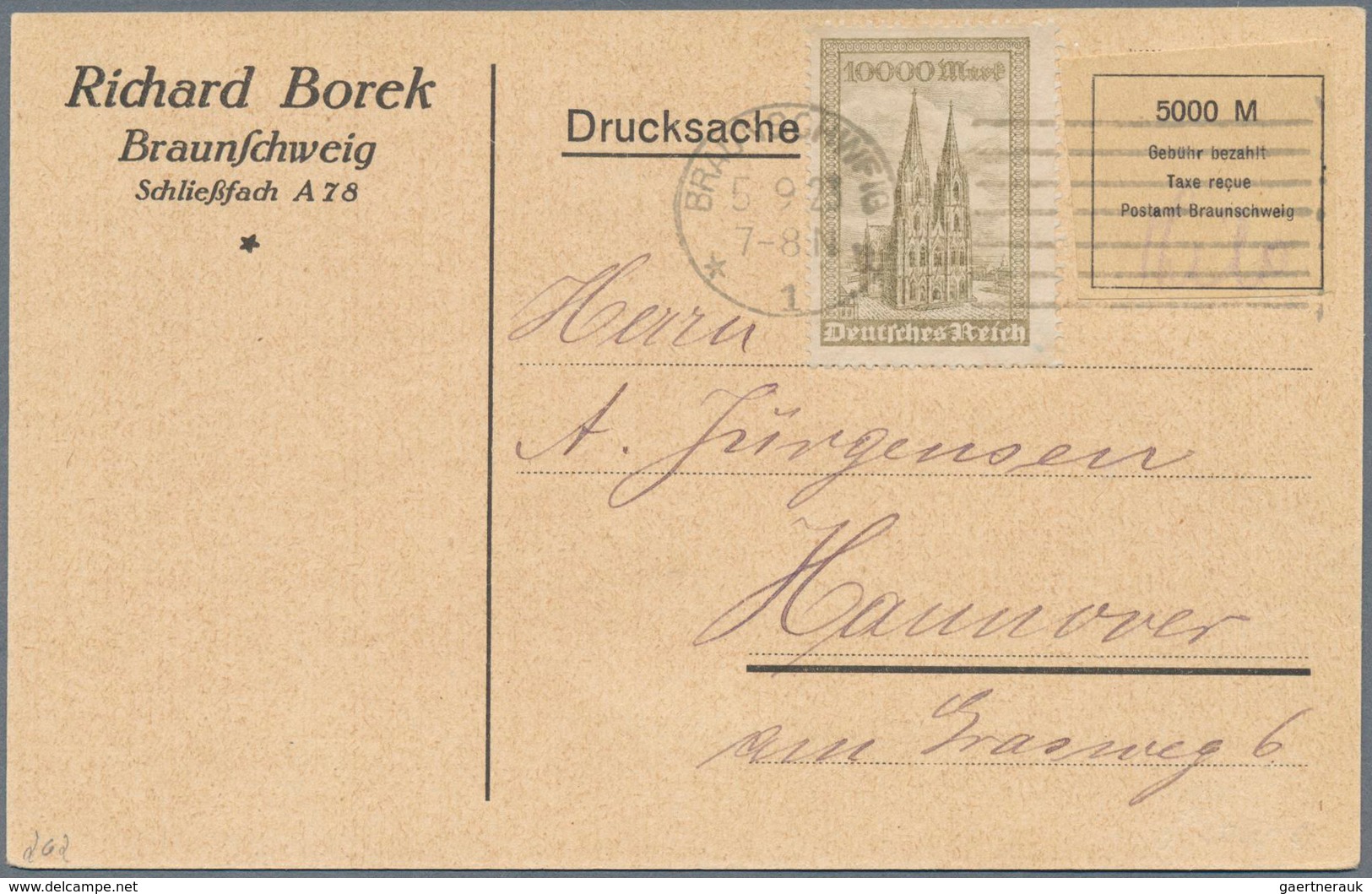 18287 Deutsches Reich - Lokalausgaben 1918/23: 1923, Braunschweig: Karte Mit Gebührenzettel Der Firma Bore - Covers & Documents