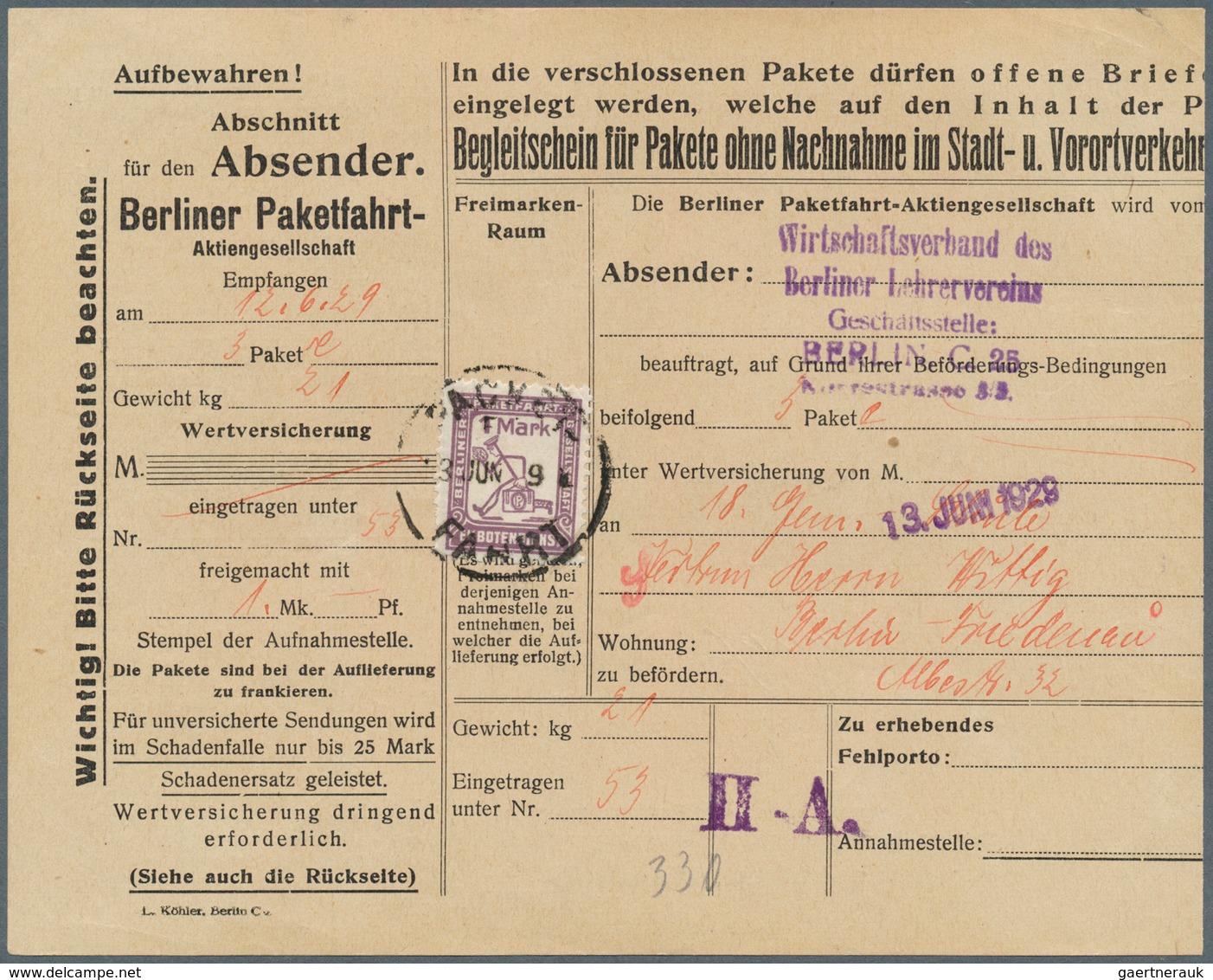 18296 Deutsches Reich - Privatpost (Stadtpost): 1929, BERLINER PAKETFAHRT, Begleitschein Für Pakete Ohne N - Private & Local Mails