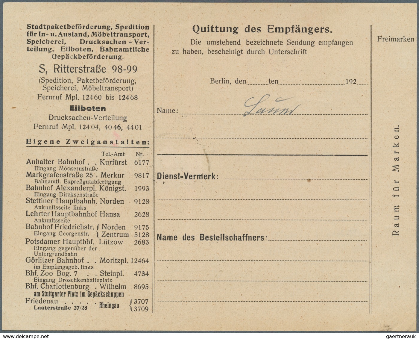 18296 Deutsches Reich - Privatpost (Stadtpost): 1929, BERLINER PAKETFAHRT, Begleitschein Für Pakete Ohne N - Private & Local Mails