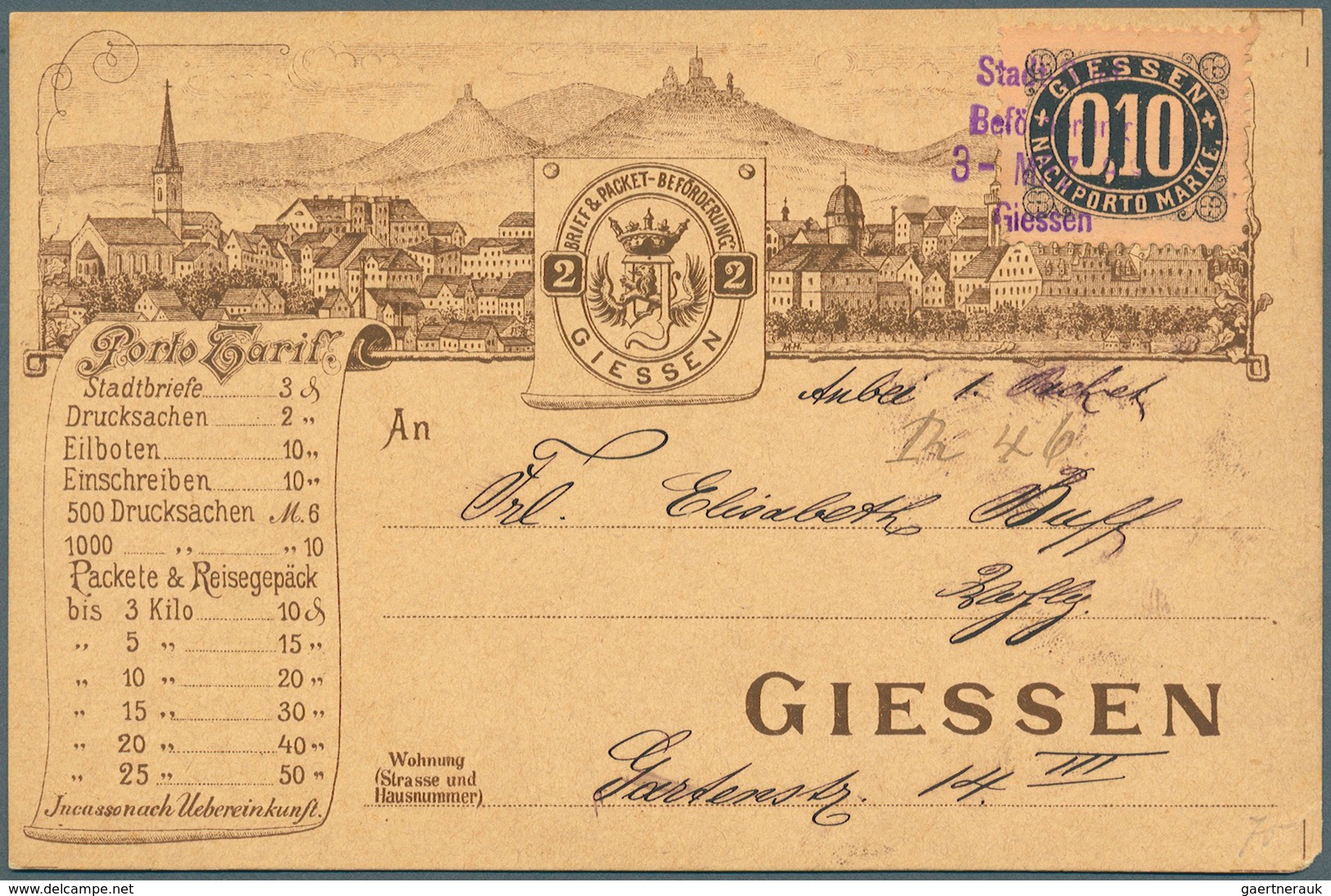 18298 Deutsches Reich - Privatpost (Stadtpost): GIESSEN : Portomarke 0,10 Mark Gezähnt Mit Viol. L4 ''Stadt - Private & Local Mails