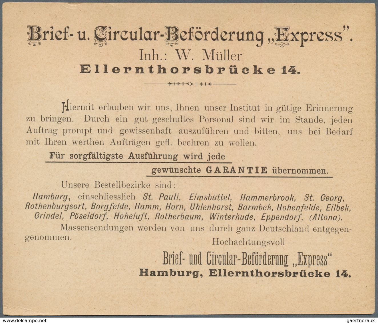 18304 Deutsches Reich - Privatpost (Stadtpost): HAMBURG, Briefbeförderung Express. PREIS-VERZEICHNIS Der M - Private & Local Mails