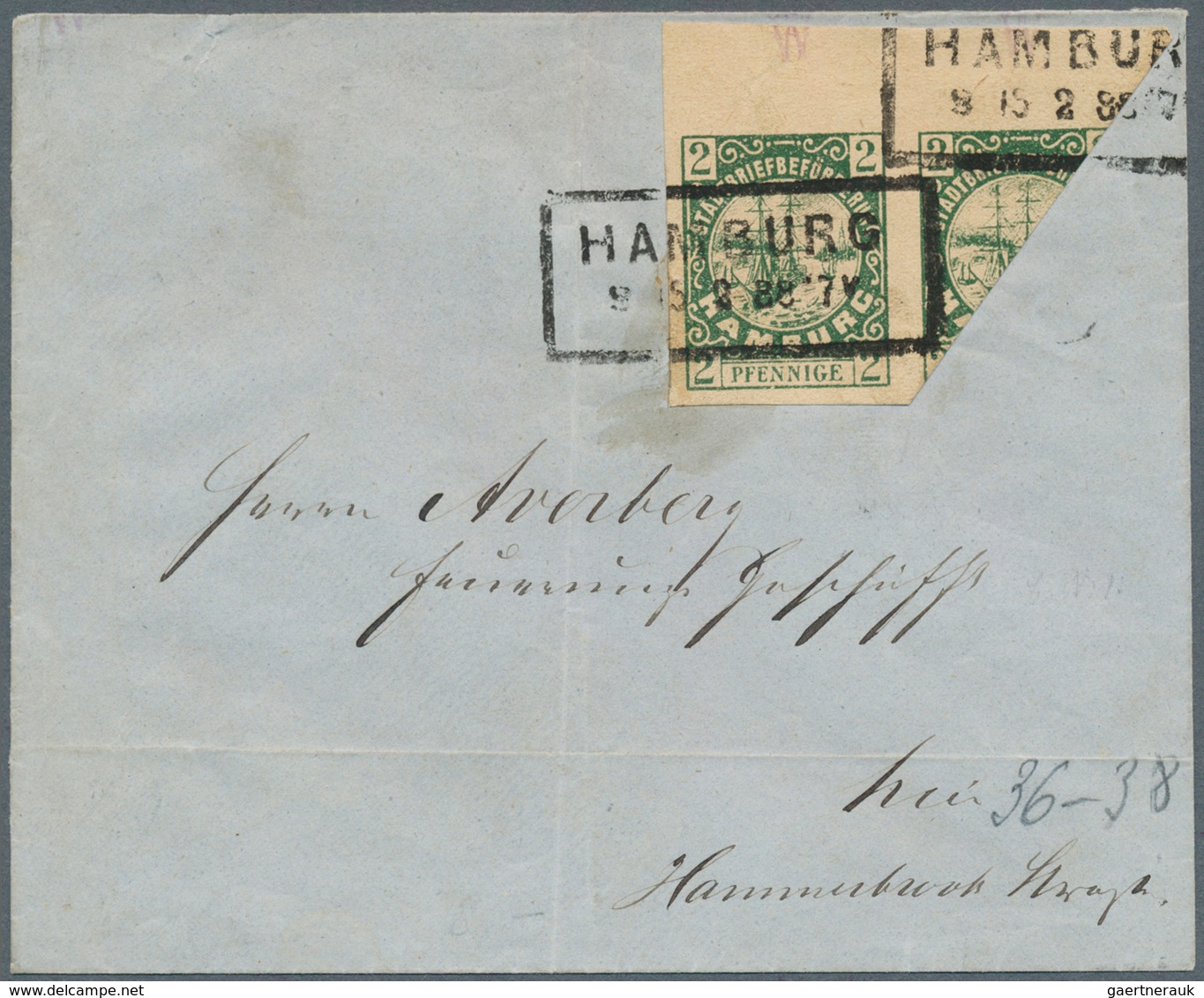 18305 Deutsches Reich - Privatpost (Stadtpost): HAMBURG, Hammonia Stadtbrief. Waagr. OR-Paar 2 Pf Dunkelgr - Private & Local Mails