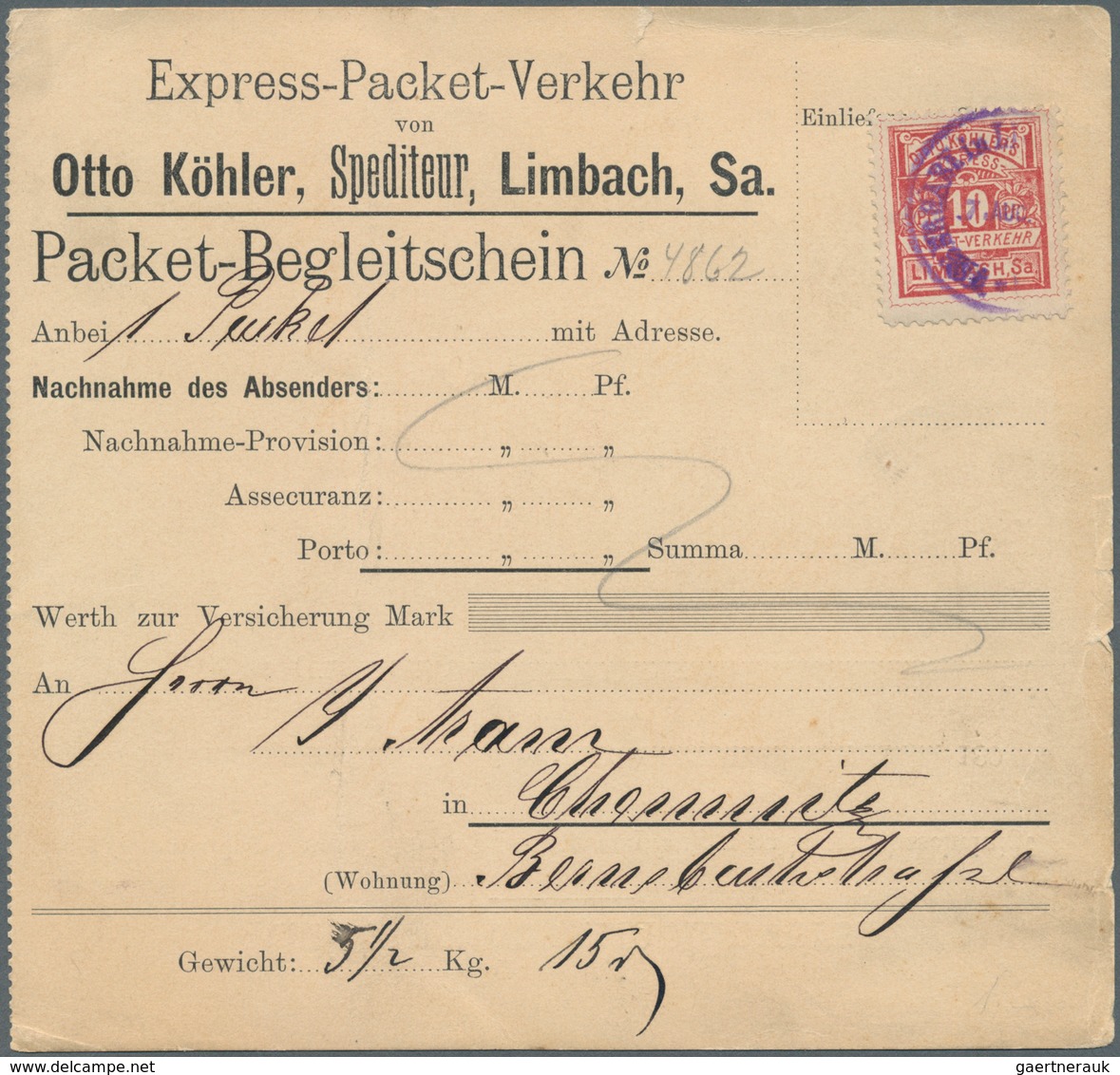 18309 Deutsches Reich - Privatpost (Stadtpost): 1891, LIMBACH Sa., Express-Packet-Verkehr Otto Köhler: 10 - Private & Local Mails