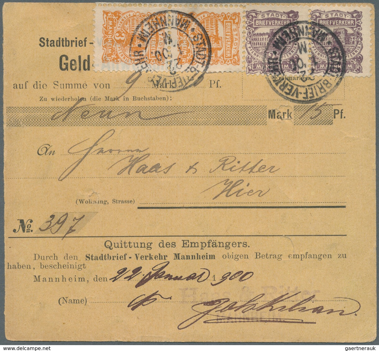 18310 Deutsches Reich - Privatpost (Stadtpost): 1900, MANNHEIM Privat-Brief-Verkehr, 2 X 2 Pf Braunviolett - Private & Local Mails