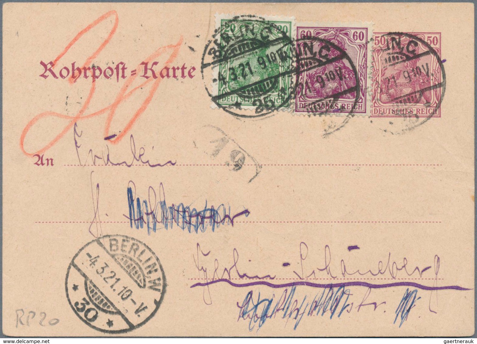18325 Deutsches Reich - Ganzsachen: 1891/1929, ROHRPOST-BERLIN: 3 RP-Ganzsachenkarten Incl. Einer Privatga - Other & Unclassified