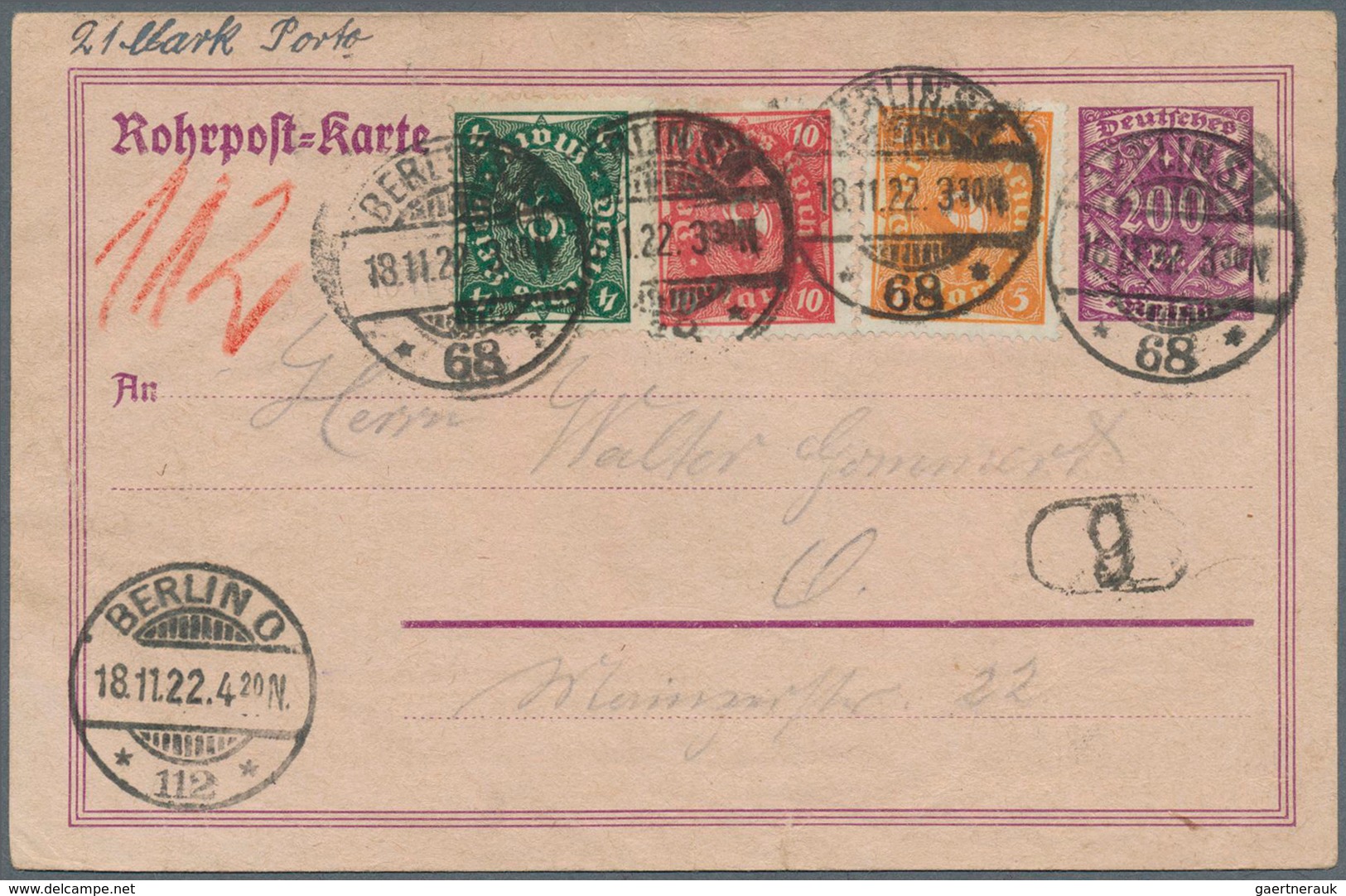 18326 Deutsches Reich - Ganzsachen: 1922, 200 Pf Lila Rohrpost-GSK Mit Zusatzfrankatur 4 M, 5 M U. 10 M Po - Other & Unclassified