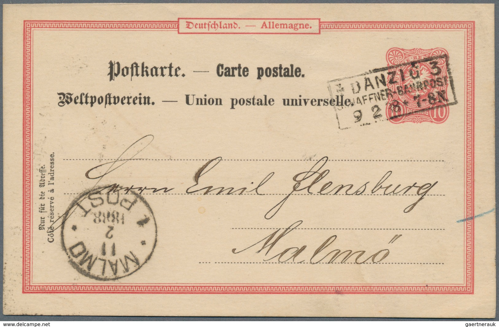 18349 Deutsches Reich - Stempel: 1888: DANZIG 3/SCHAFFNER-BAHNPOST/9.2.88 * 7-8 N (R3) Auf DR 10 Pfg Ganzs - Frankeermachines (EMA)