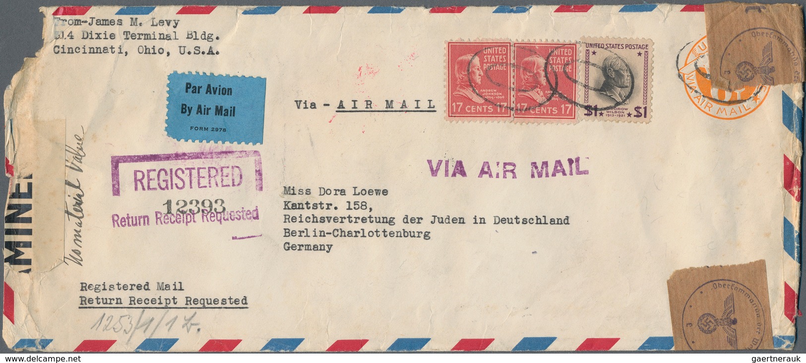 18382 Deutsches Reich - Besonderheiten: 1941 (29.3.), Frankierter Luftpostbrief Mit Rückschein Von Cincinn - Other & Unclassified