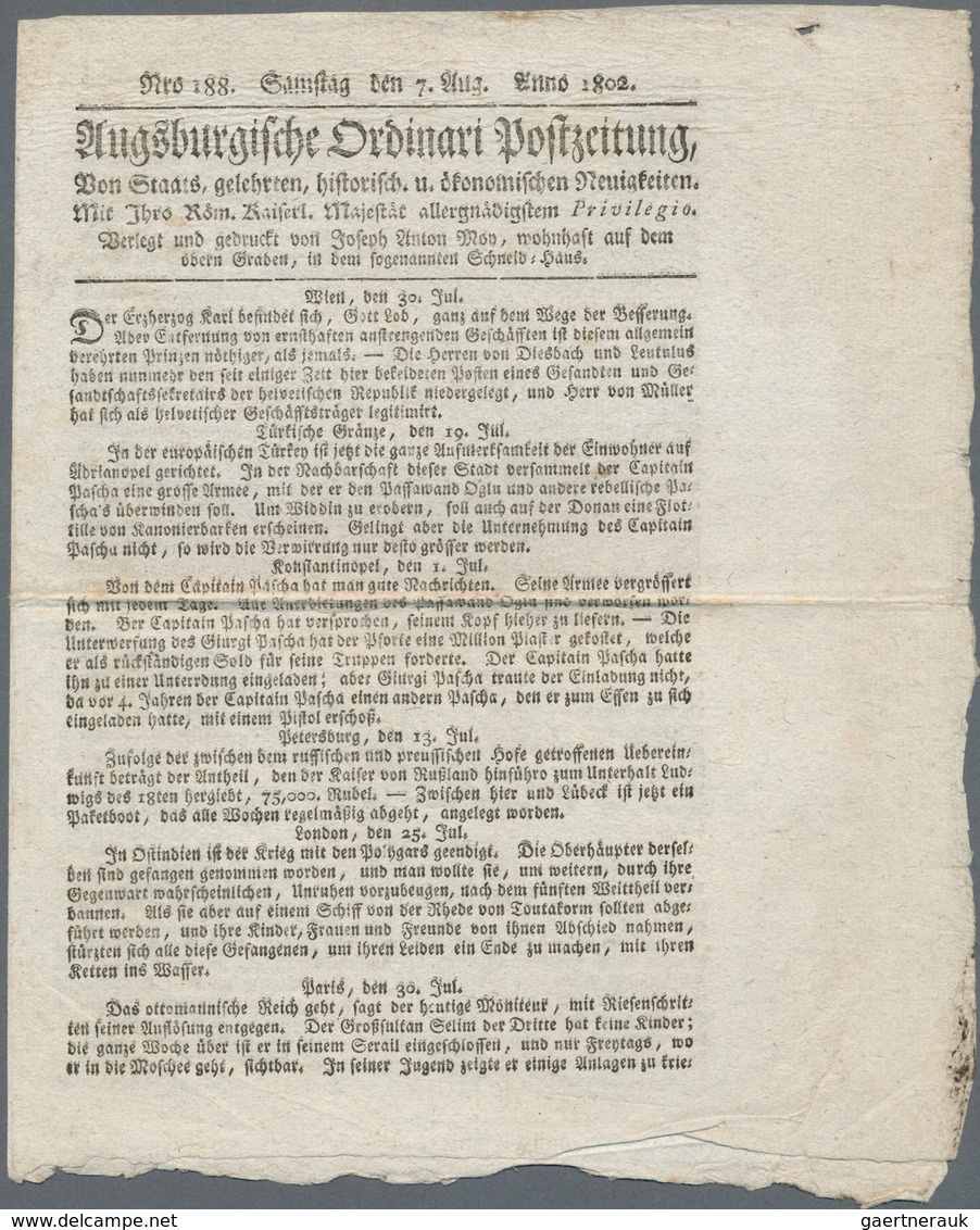 18385 Heimat: Bayern: 1802, "Augsburgische Ordinari Postzeitung" Vom 7. August 1802. - Sonstige & Ohne Zuordnung