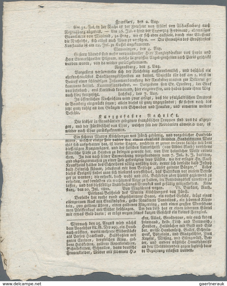 18385 Heimat: Bayern: 1802, "Augsburgische Ordinari Postzeitung" Vom 7. August 1802. - Sonstige & Ohne Zuordnung