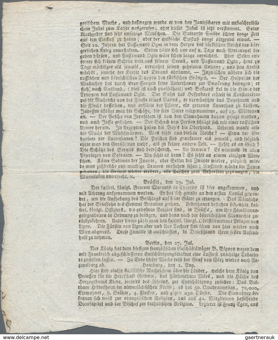 18385 Heimat: Bayern: 1802, "Augsburgische Ordinari Postzeitung" Vom 7. August 1802. - Sonstige & Ohne Zuordnung