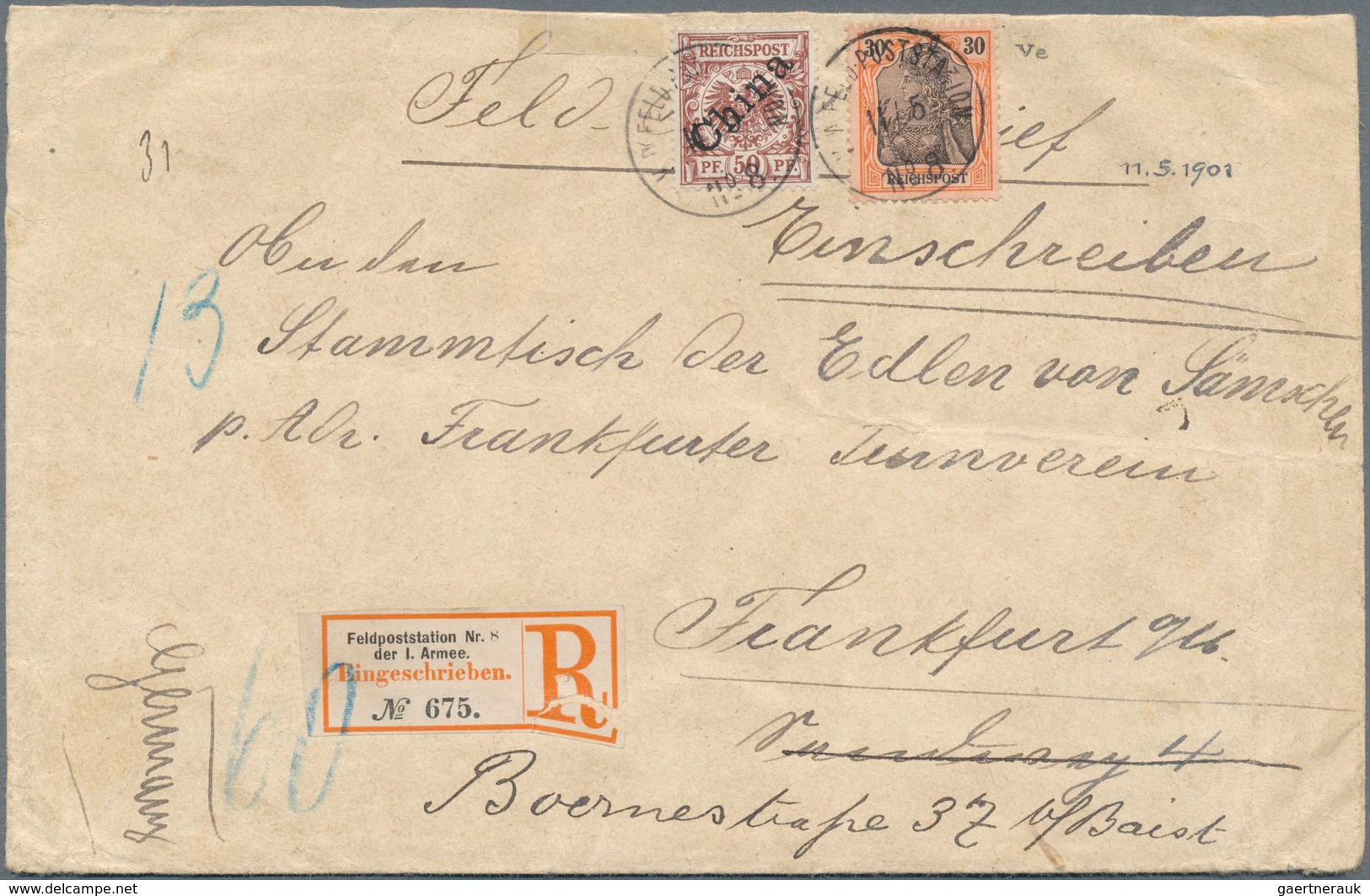 18407 Deutsche Post In China - Mitläufer: 1901, (11.5.), 30 Pfg. Reichspost In Mischfrankatur Mit 50 Pfg. - China (offices)