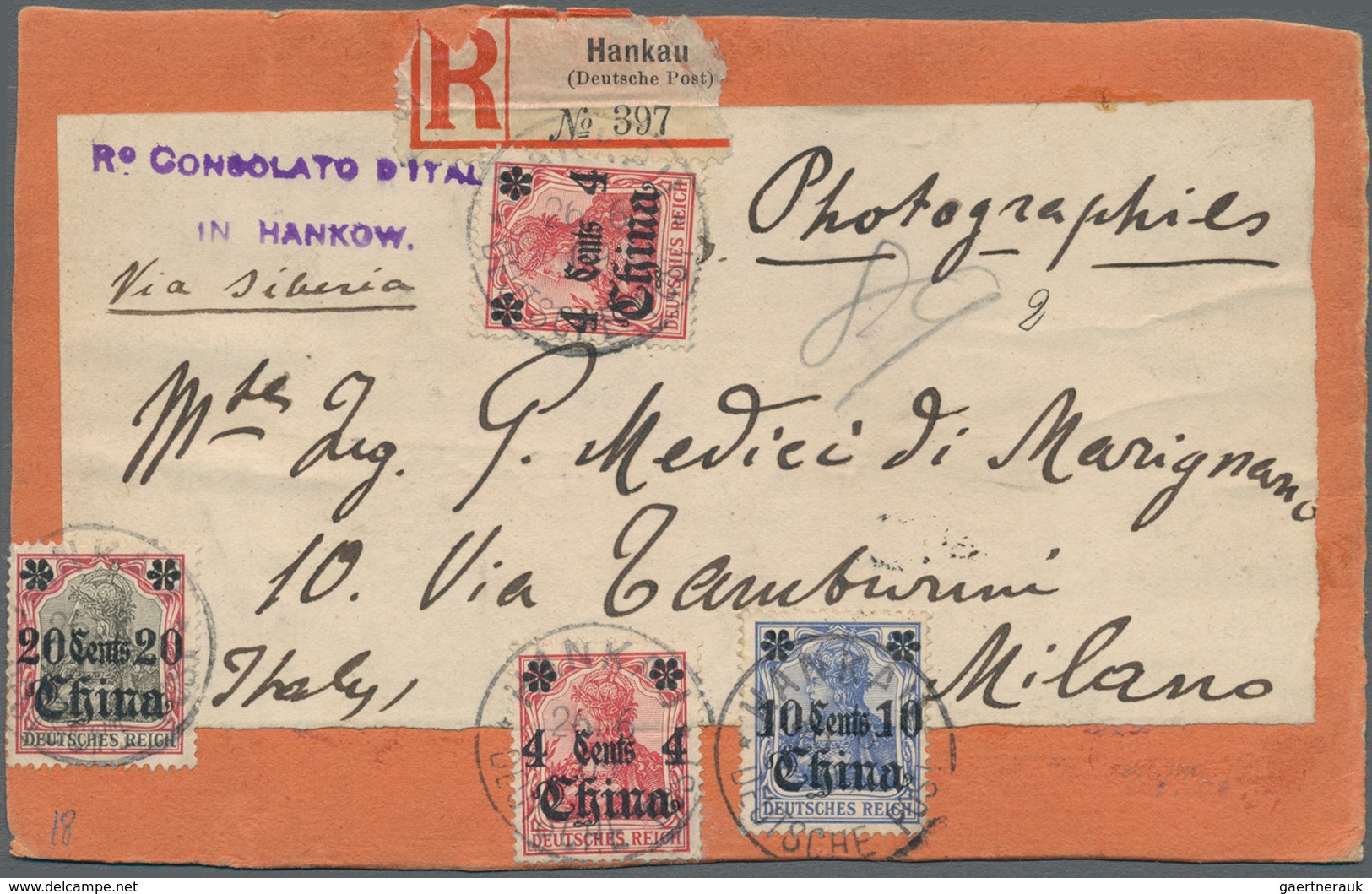 18460 Deutsche Post In China - Besonderheiten: 1909 (26.6.), 2x 4 C., 10 C. Und 20 . (Frankatur Leichte Be - China (offices)