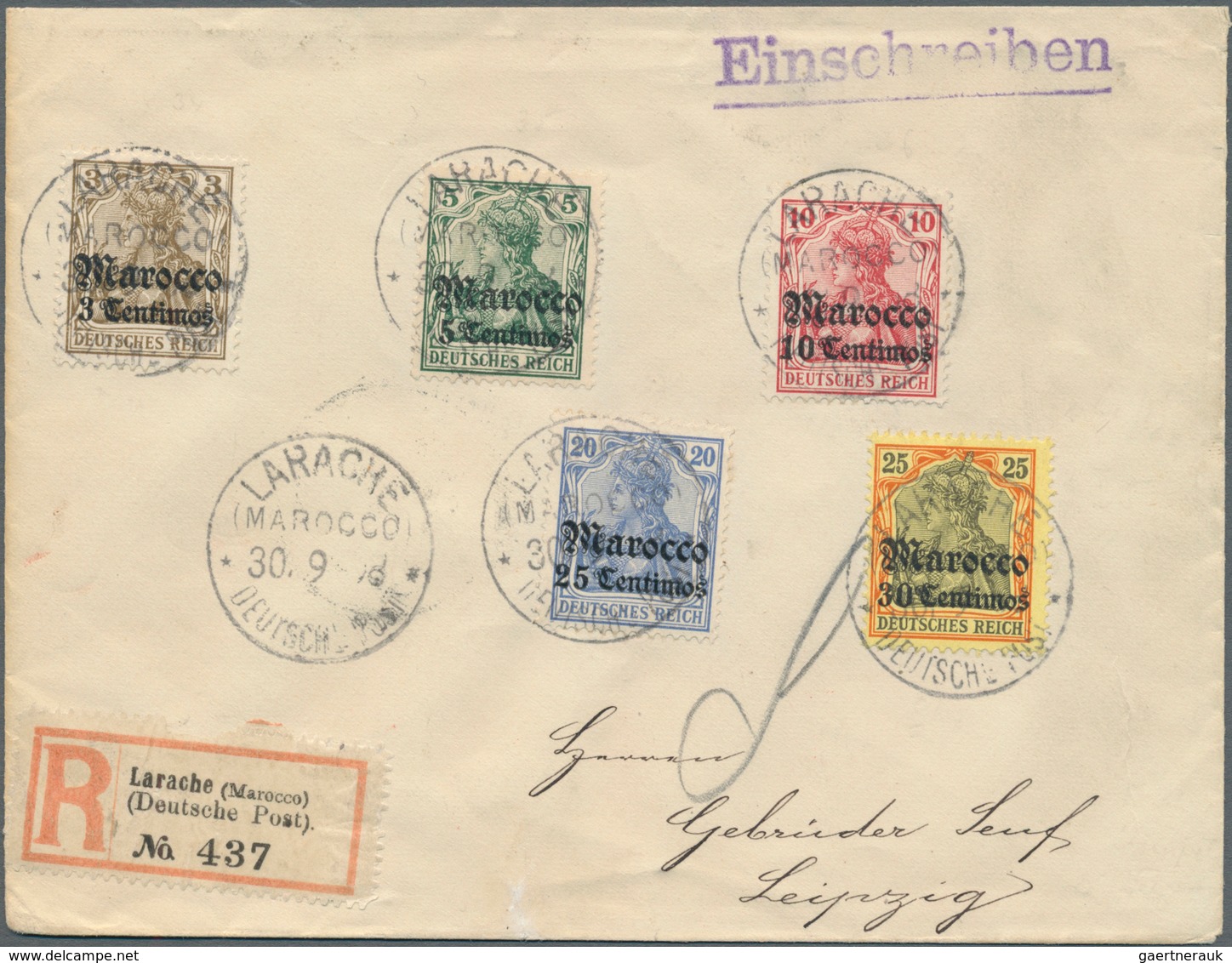 18492 Deutsche Post In Marokko - Stempel: "LARACHE" K1, Marokko 30.9.08, Einschreibe-Brief Mit R-Zettel Ty - Morocco (offices)