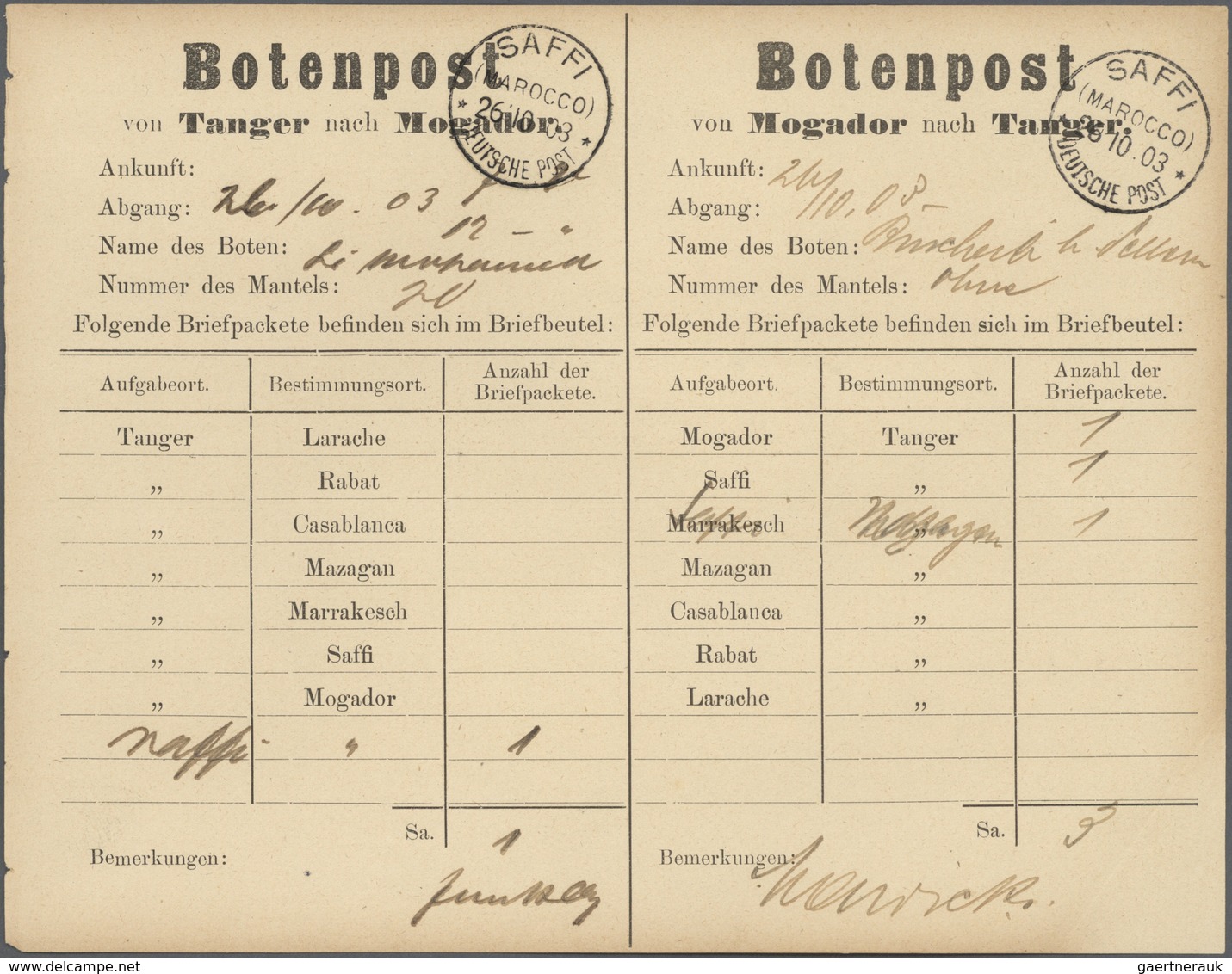 18494 Deutsche Post In Marokko - Stempel: 1903: Botenpost-Schein Von Tanger Nach Mogador Mit Poststempel S - Marokko (kantoren)