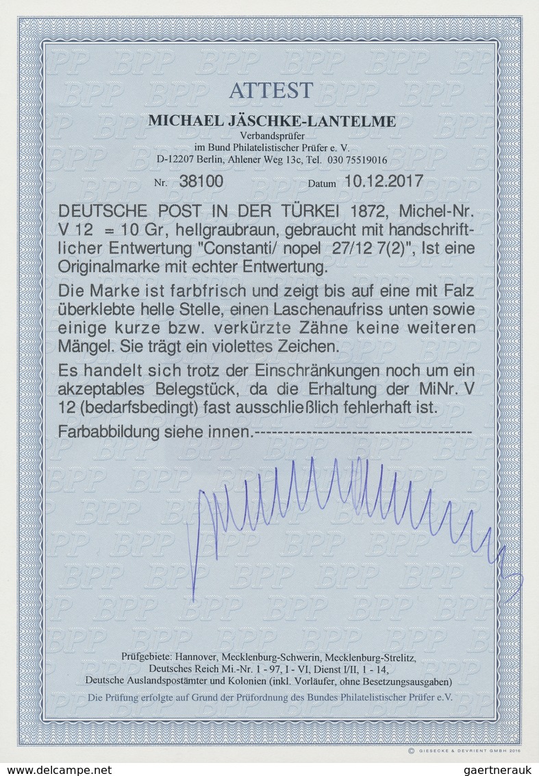 18496 Deutsche Post In Der Türkei - Vorläufer: 1872, Deutsches Reich 10 Gr. Innendienstmarke Mit Handschri - Turkey (offices)