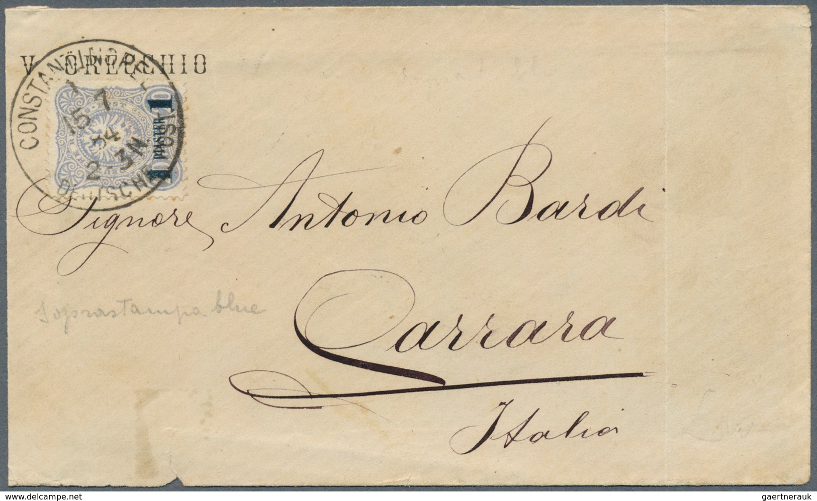 18507 Deutsche Post In Der Türkei: 1884, 1 Pia. Auf 20 Pf. Seltener Blauschwarzer Aufdruck Auf Brief Nach - Turkey (offices)