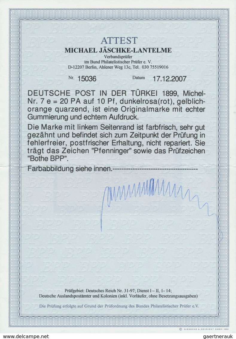 18514 Deutsche Post In Der Türkei: 1899, 20 PA. Auf 10 Pfg. Krone/Adler Dunkelrosa(rot) Gelblichorange Qua - Deutsche Post In Der Türkei