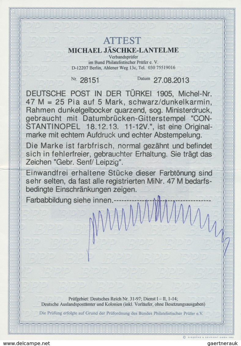 18532 Deutsche Post In Der Türkei: 1905, 25 Pia. Auf 5 Mark Schwarz/dunkelkarmin, Sog. Ministerdruck, Farb - Deutsche Post In Der Türkei