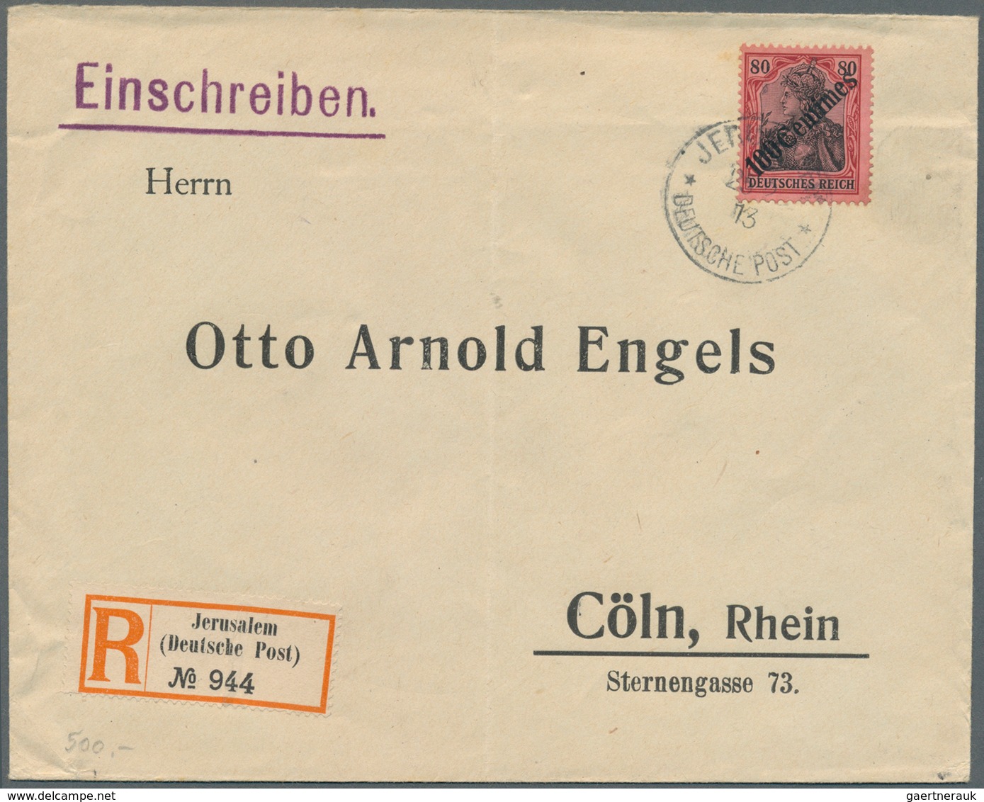 18536 Deutsche Post In Der Türkei: 1913, 100 Centimes Auf 80 Pfg. Germania Als EF Auf Einschreiben Ab JERU - Turkey (offices)