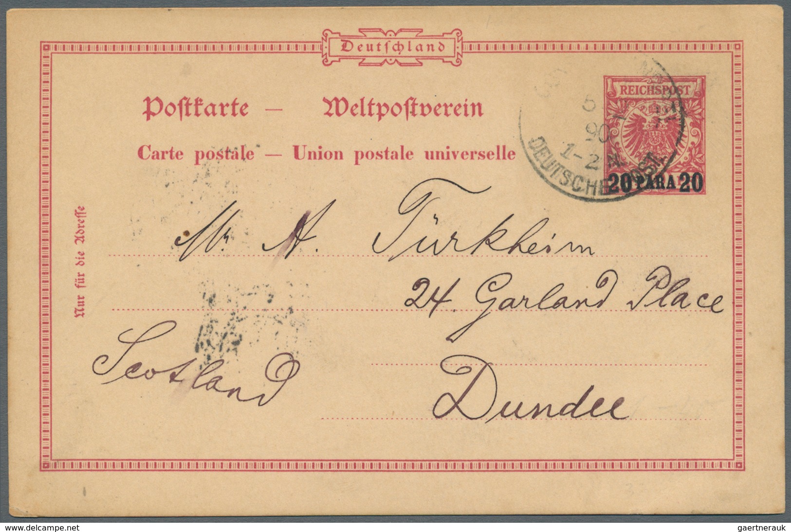 18544 Deutsche Post In Der Türkei - Ganzsachen: GSK 20 Para Auf 10 Pf Extrem Selt. Type "Nur Für Die Adres - Turkse Rijk (kantoren)