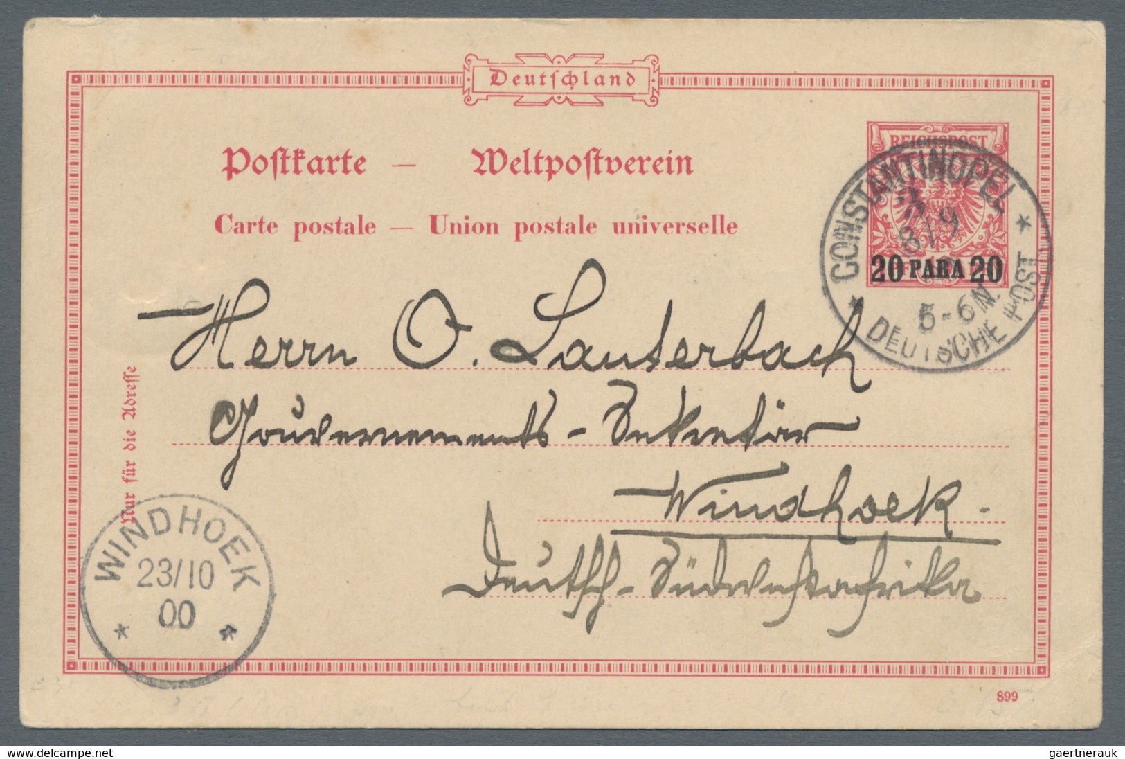 18546 Deutsche Post In Der Türkei - Ganzsachen: 1900, Interkolonialkarte Von Konstantinopel Nach Windhuk, - Turkey (offices)