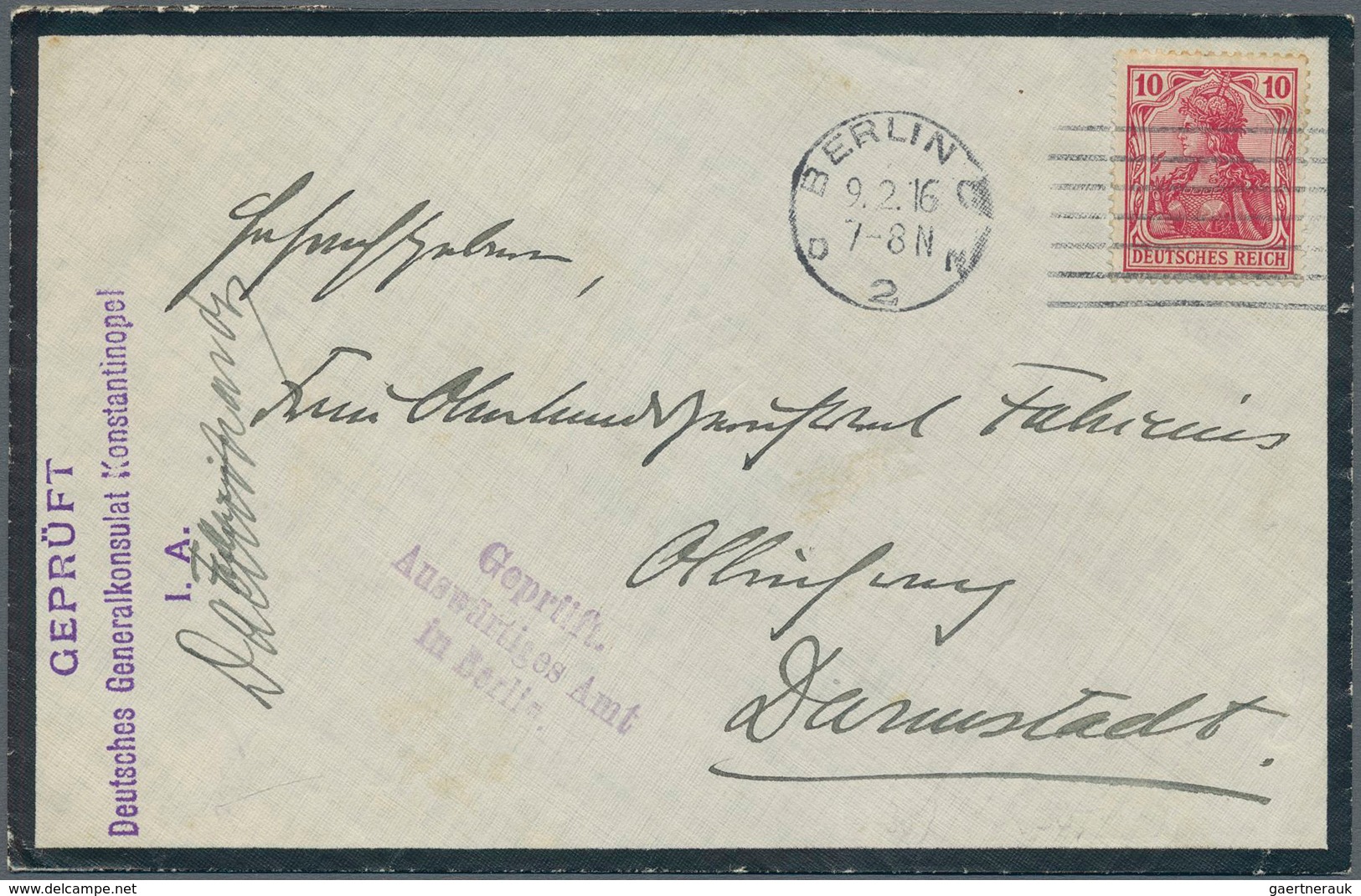 18553 Deutsche Post In Der Türkei - Stempel: 1916, 10 Pfg. Germania Auf Trauerbrief Des Vizekonsuls Fabric - Turkey (offices)