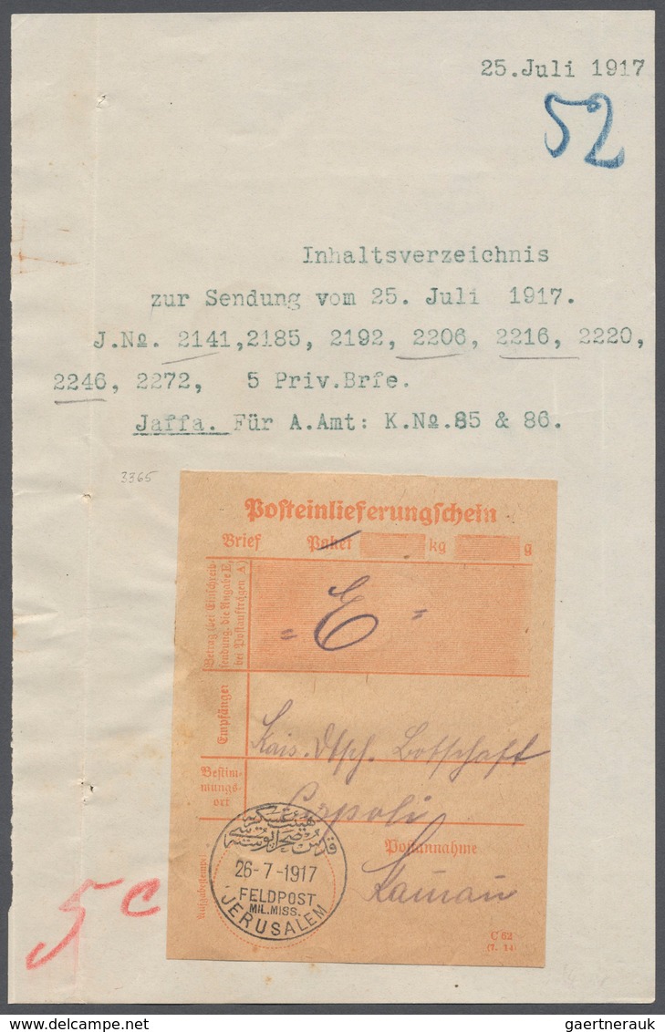 18556 Deutsche Post In Der Türkei - Stempel: 1917, ''MIL.MISS.JERUSALEM 26.7.17'' Auf Posteinlieferungsschei - Deutsche Post In Der Türkei