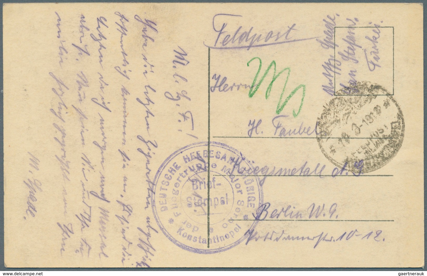 18565B Deutsche Post In Der Türkei - Besonderheiten: 1918, MILITÄRMISSION KONSTANTINOPEL, Karte Mit Blauem - Deutsche Post In Der Türkei