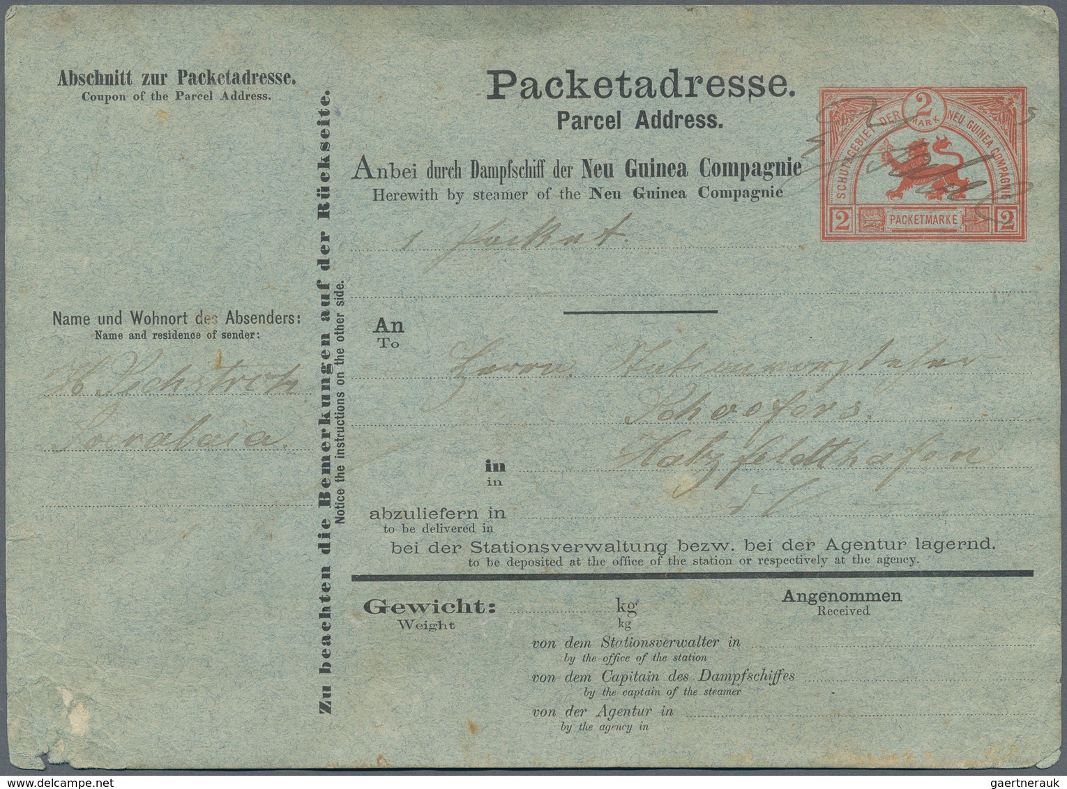 18578 Deutsch-Neuguinea - Besonderheiten: 1889, 2 Mark "Paketadresse" Der Neu Guinea Compagnie (Beleg Mit - German New Guinea