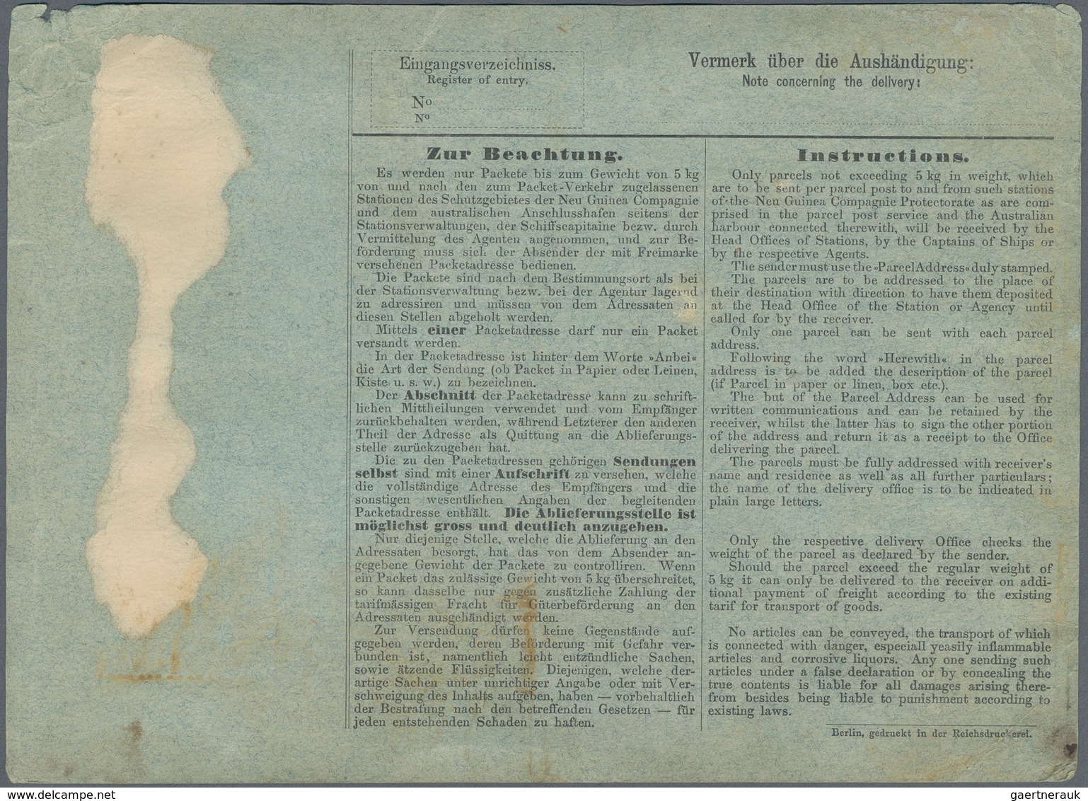 18578 Deutsch-Neuguinea - Besonderheiten: 1889, 2 Mark "Paketadresse" Der Neu Guinea Compagnie (Beleg Mit - German New Guinea