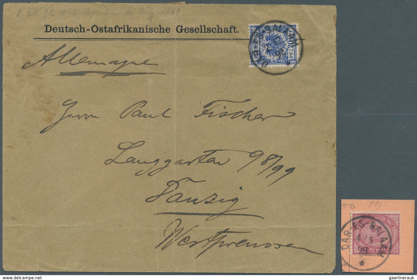 18580 Deutsch-Ostafrika - Vorläufer: 1890, 2 M Dunkelrotkarmin Mit Schönem Stempel "DAR-ES-SALAM", Dazu Ei - German East Africa