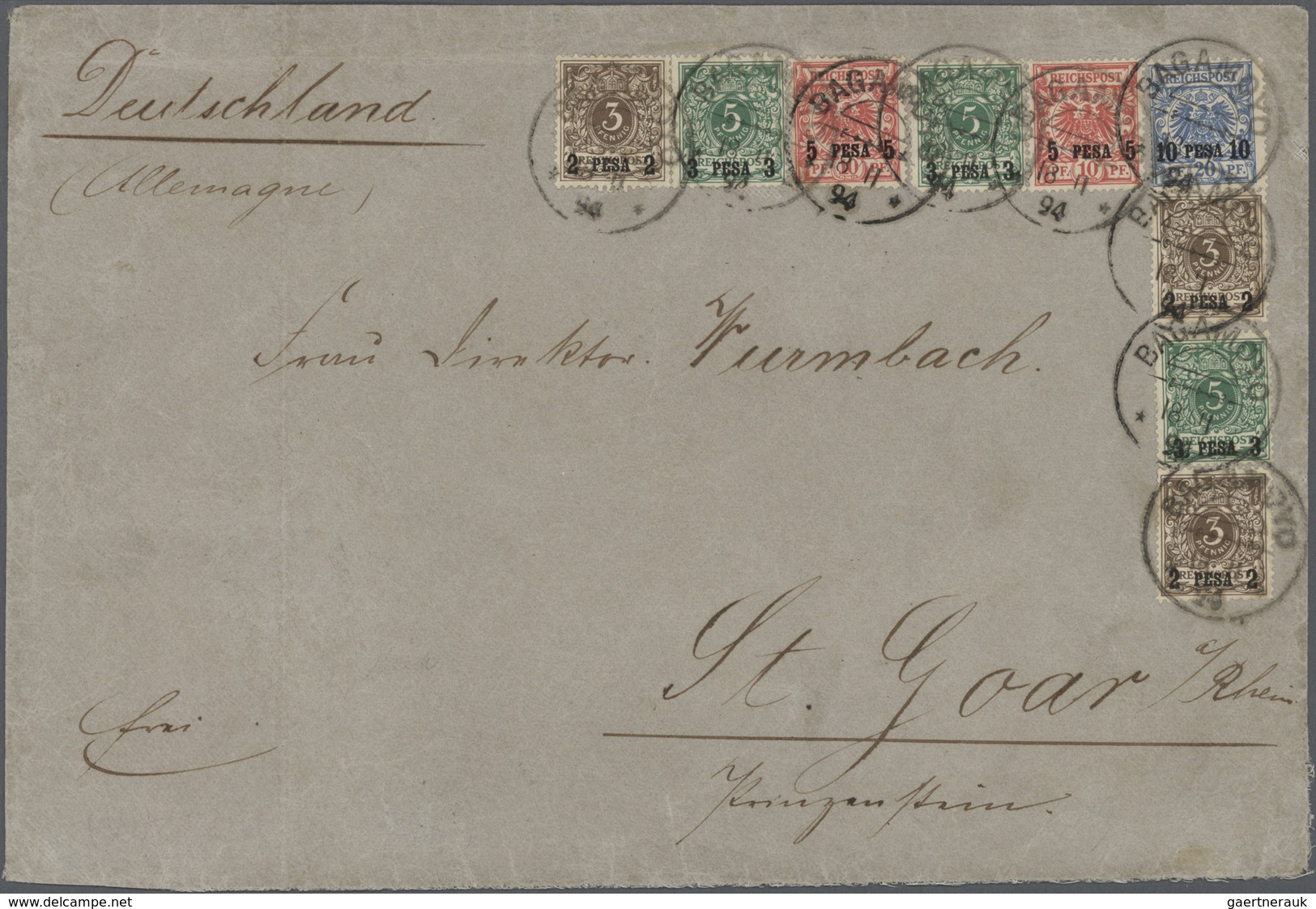 18582 Deutsch-Ostafrika: 1894 Aufdruckmarken 3 X 2 Pesa, 3 X 3 Pesa, 2 X 5 Pesa Und 10 Pesa Auf Leinenumsc - German East Africa